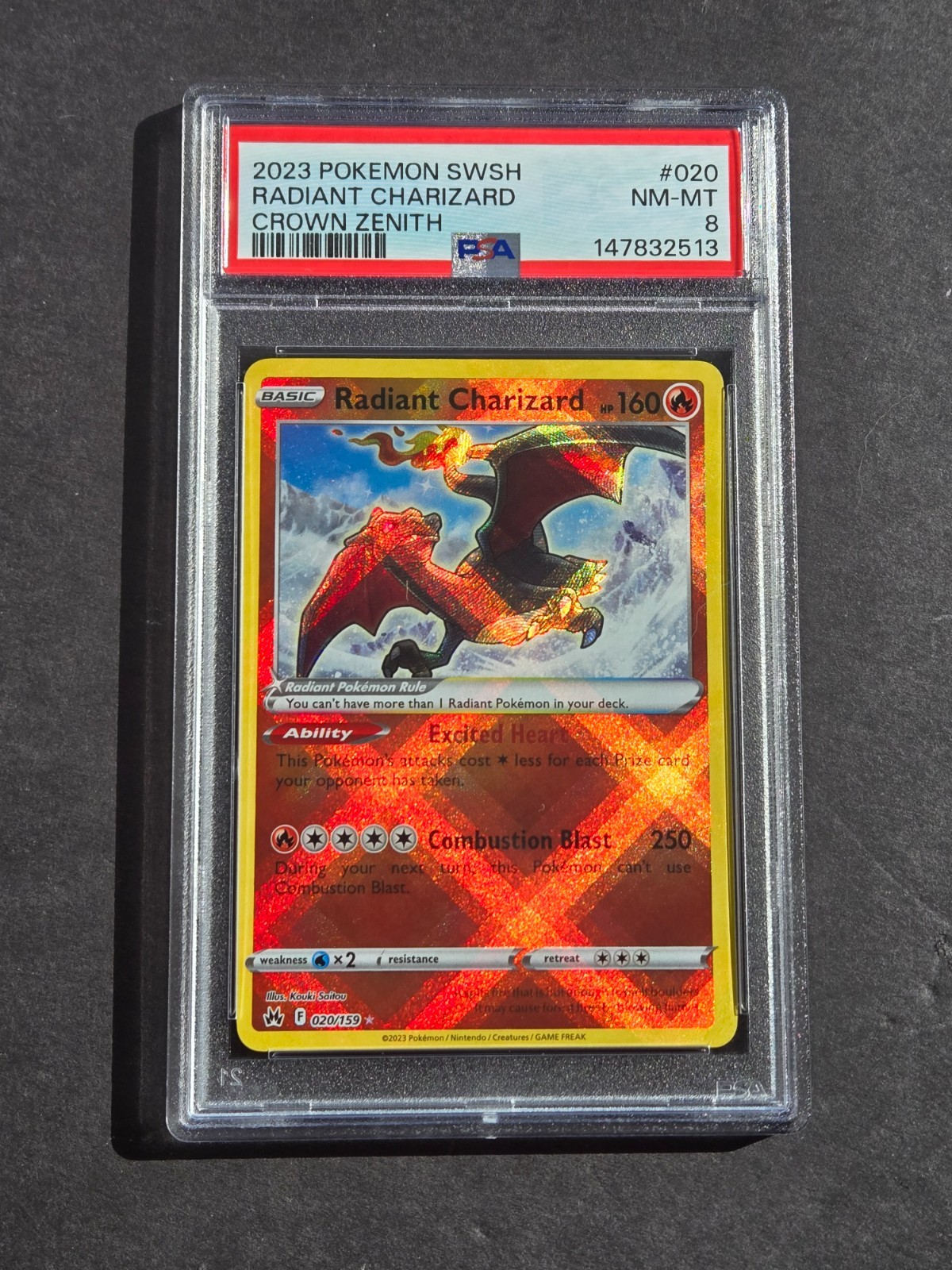 PSA 8 RADIANT CHARIZARD 020/159 – CROWN ZENITH HOLO RARE – NM/MINT