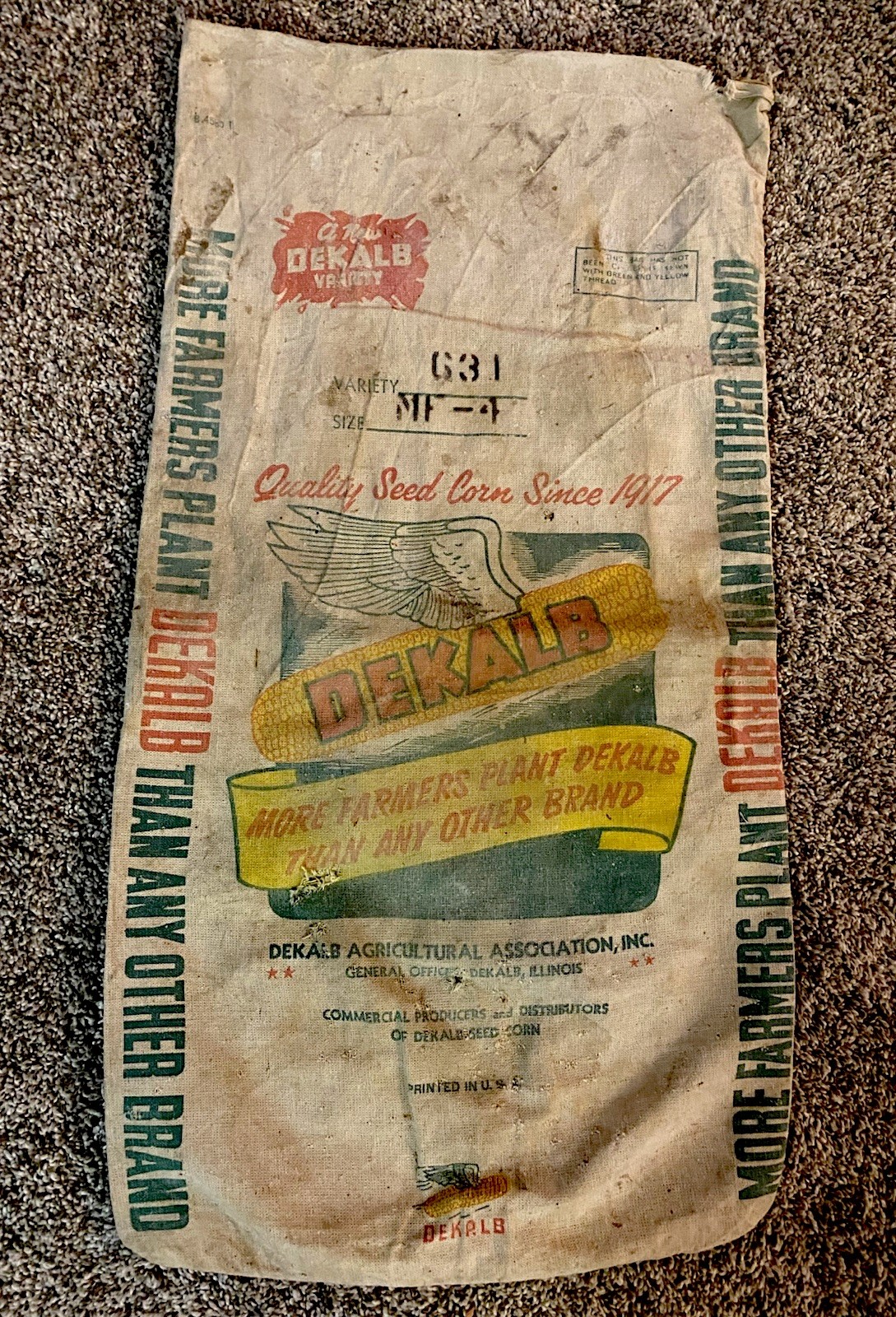 Vintage 1940s Dekalb Hybrid Seed Corn Bag – Flying Ear Of Corn “ New Variety “