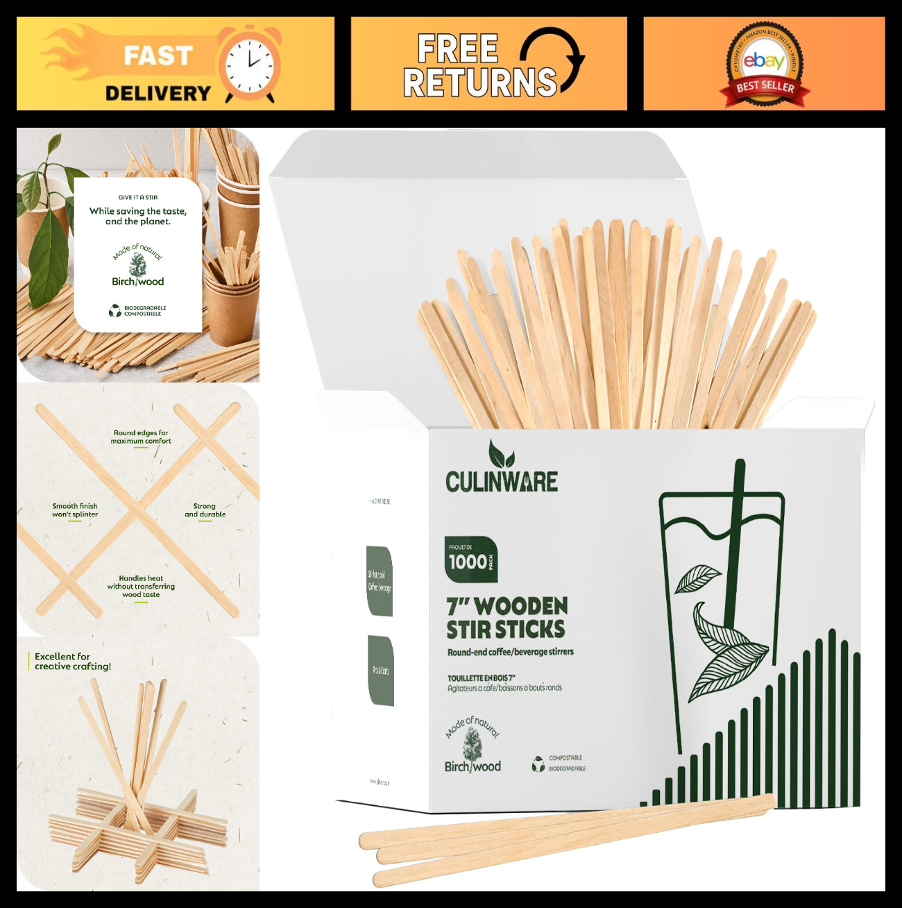 Eco-Friendly 7″ Birch Wood Coffee Stirrers – 1000 Pack for Beverages & Crafts