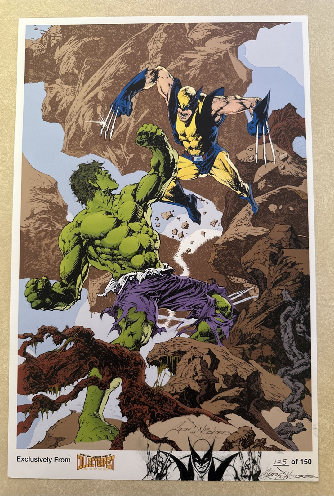 Hulk And Wolverine Art Print Signed by Rudy Nebres 125/150 Sketch 11 x 17 in