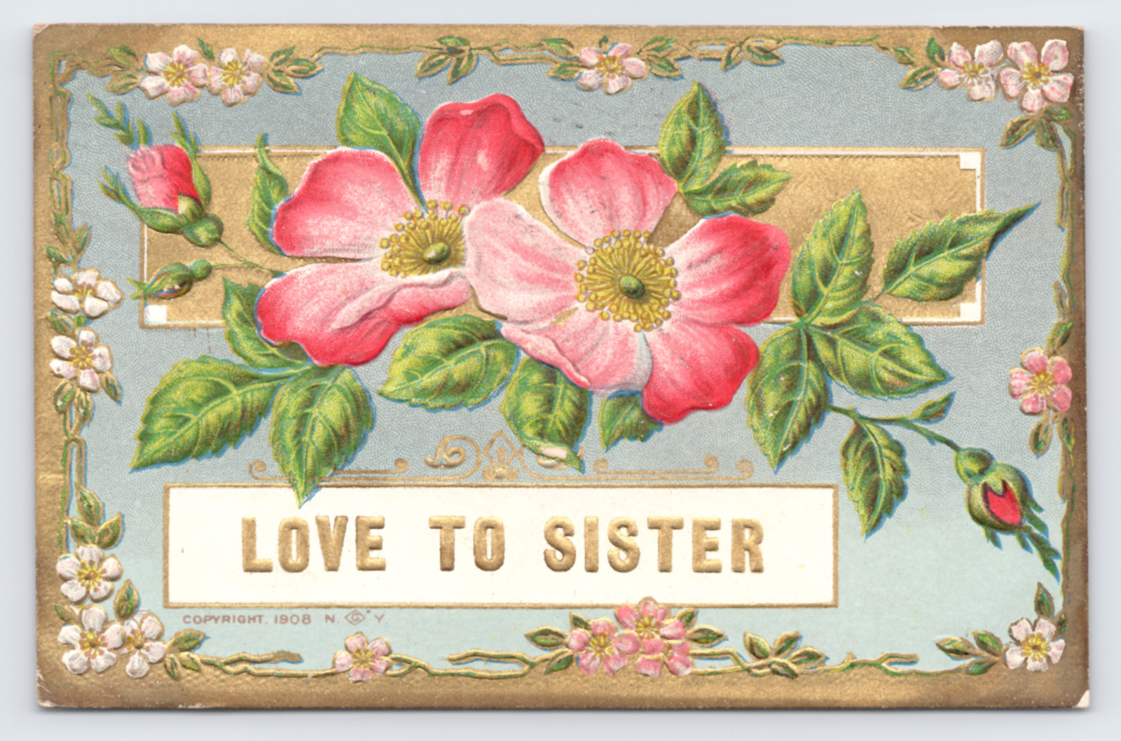 c1908 Love to Sister Embossed Primrose Postcard Pink Red Floral Greetings