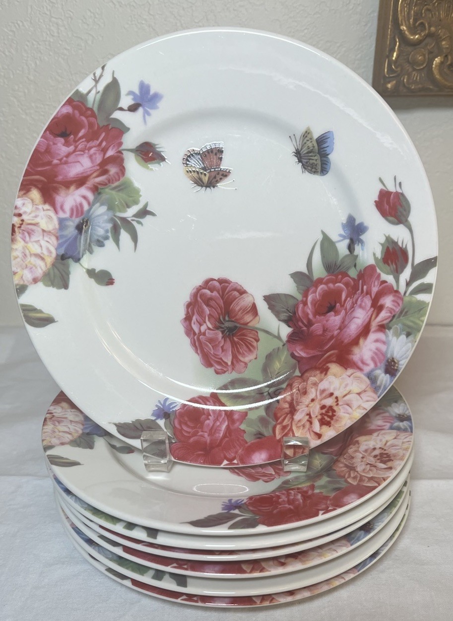Gracie Bone China, Dessert Plates, Floral, Butterfly Sandra’s Rose Pattern