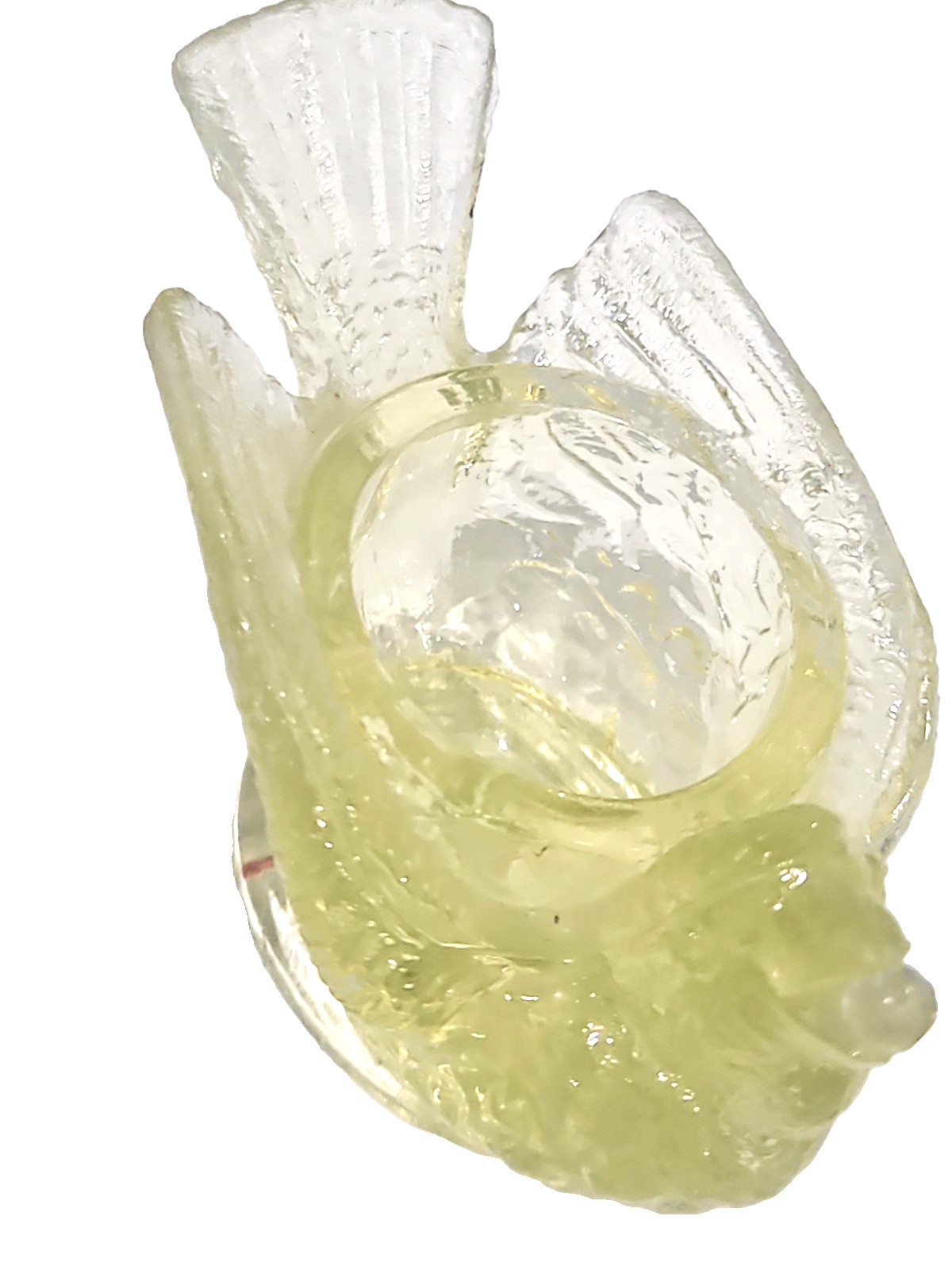 Degenhart Vaseline Yellow Vintage Glass “Bird with Berry” Open Salt Cellar 3″