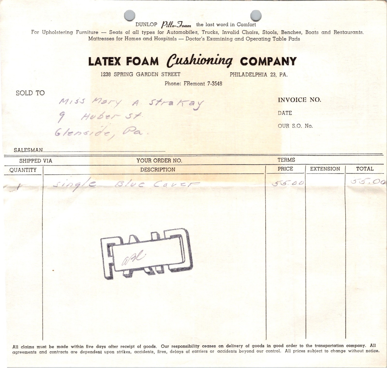 1954 Invoice Latex Foam Cushioning Co Glenside PA Dunlop Pillo-Foam Comfort