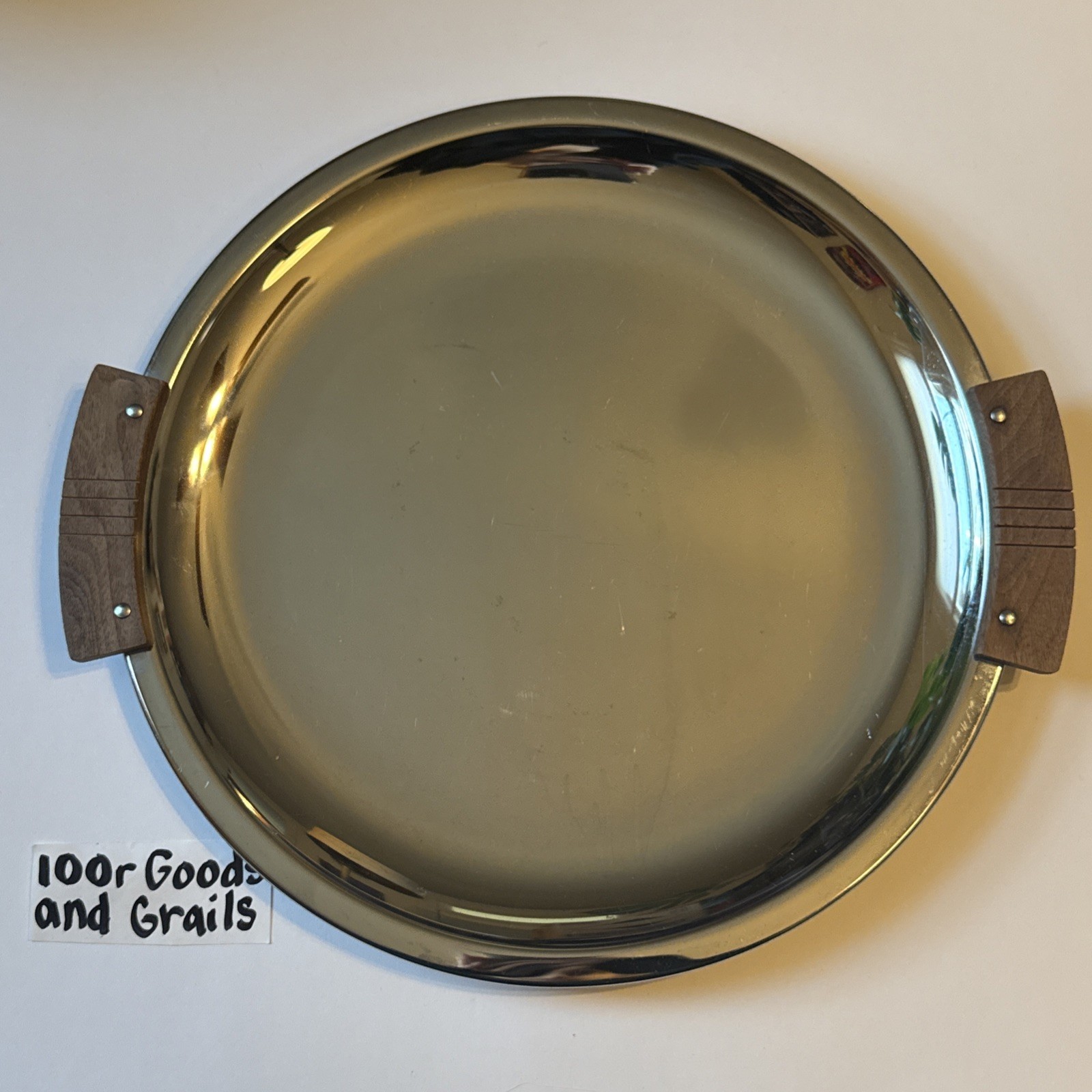 Vintage Kromex Round Chrome Serving Platter Tray Wood Handles Mid Century USA