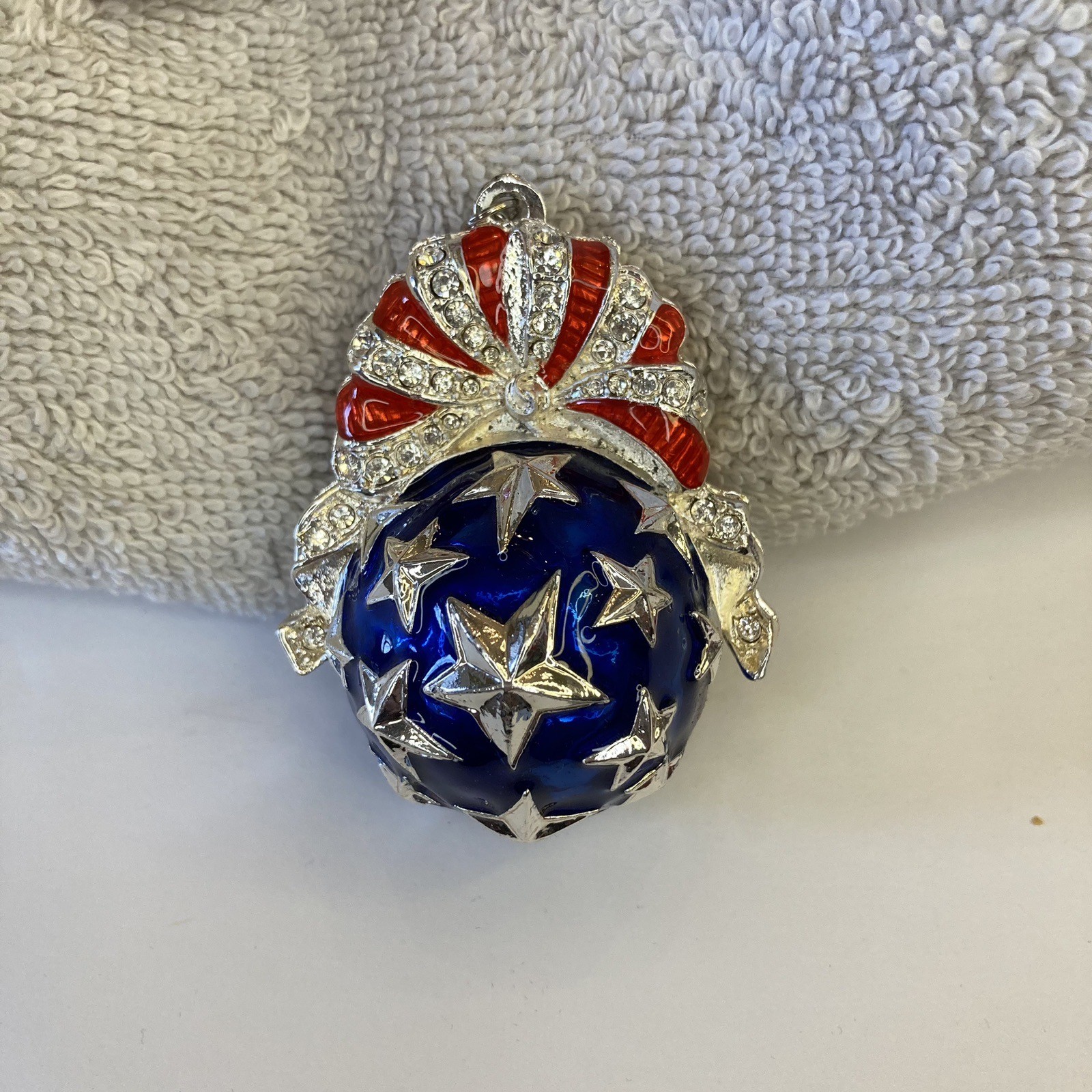 Patriotic Red White & Blue Star Spangled Ball Ornament Enamel Silver USA’s 250th
