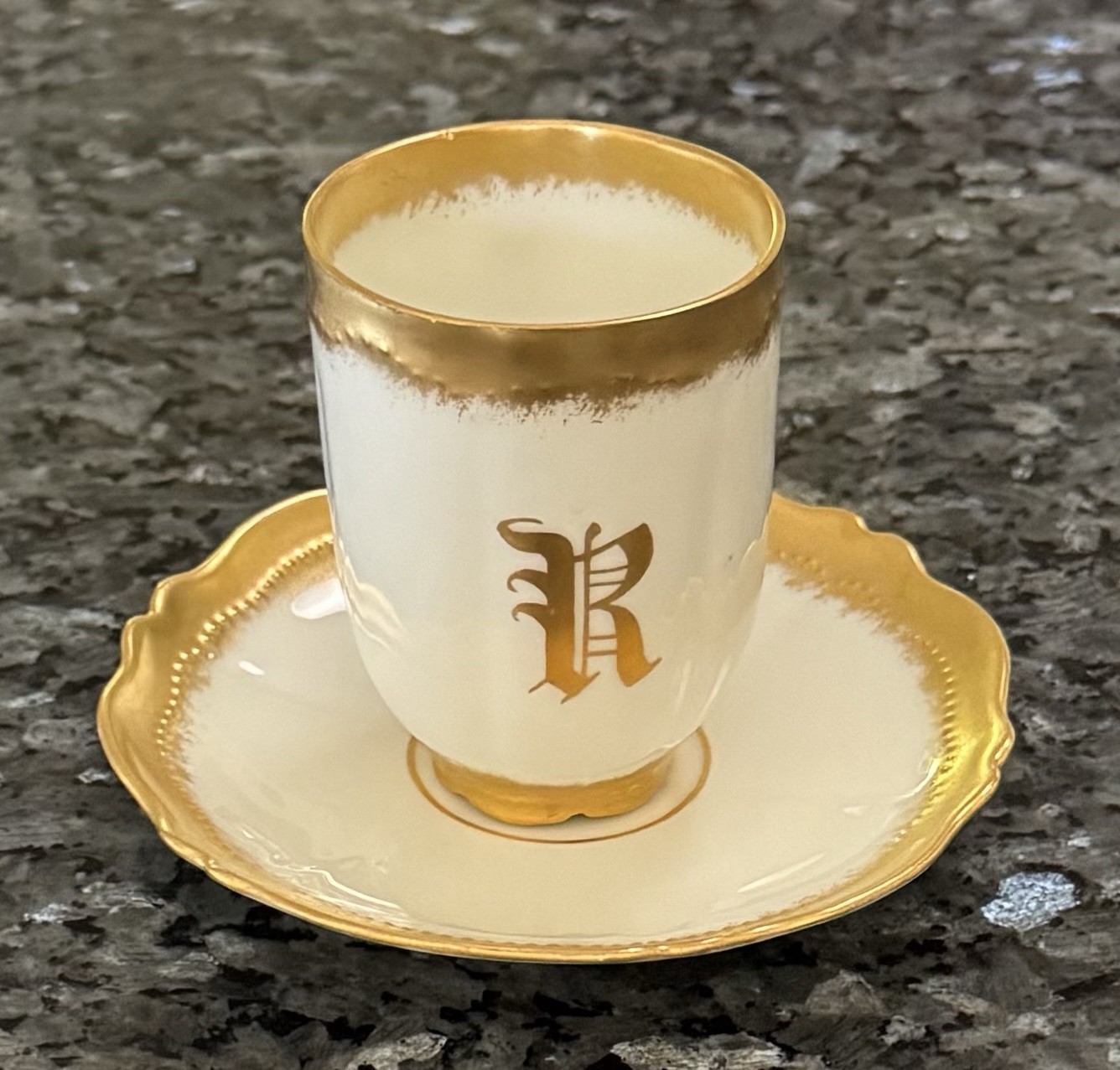 Antique Austria Demitasse & Saucers Heavy Gold Trim Monogram R