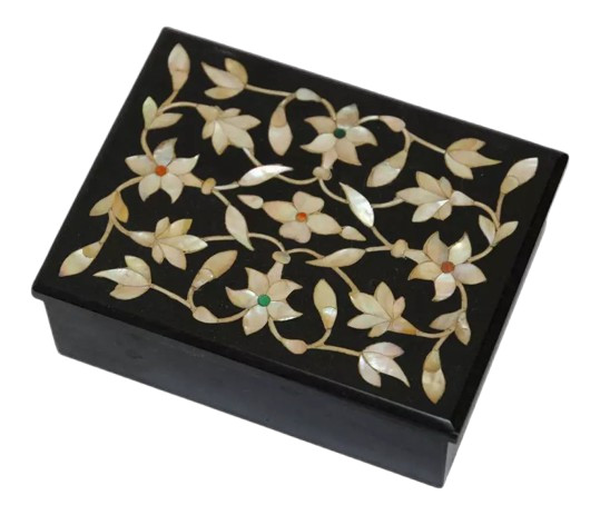 Black Marble Jewelry Box Semi Precious Stones floral fine inlay handmade work