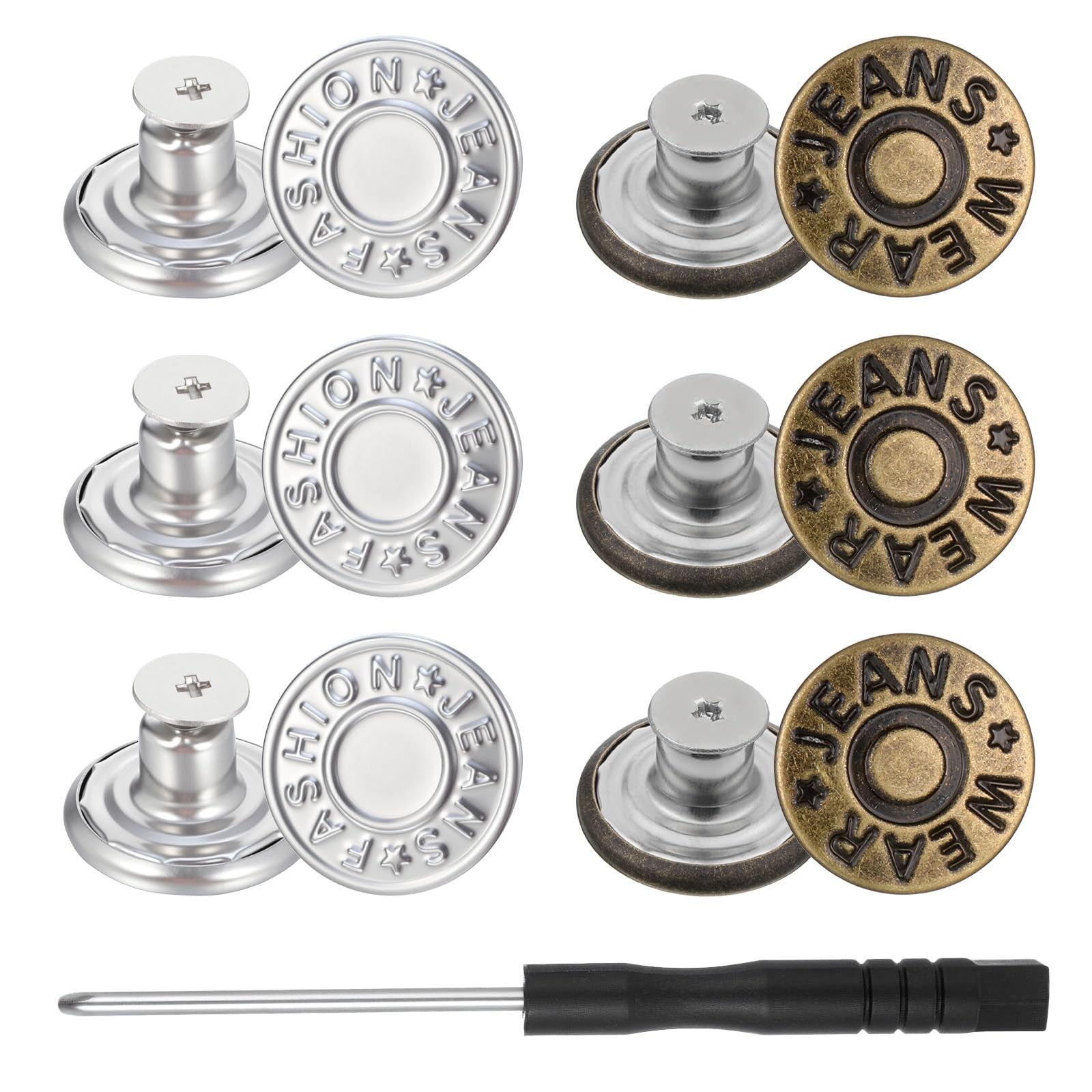 20 Pack Replacement Buttons for Jeans, 17mm Jeans Silver + Bronze