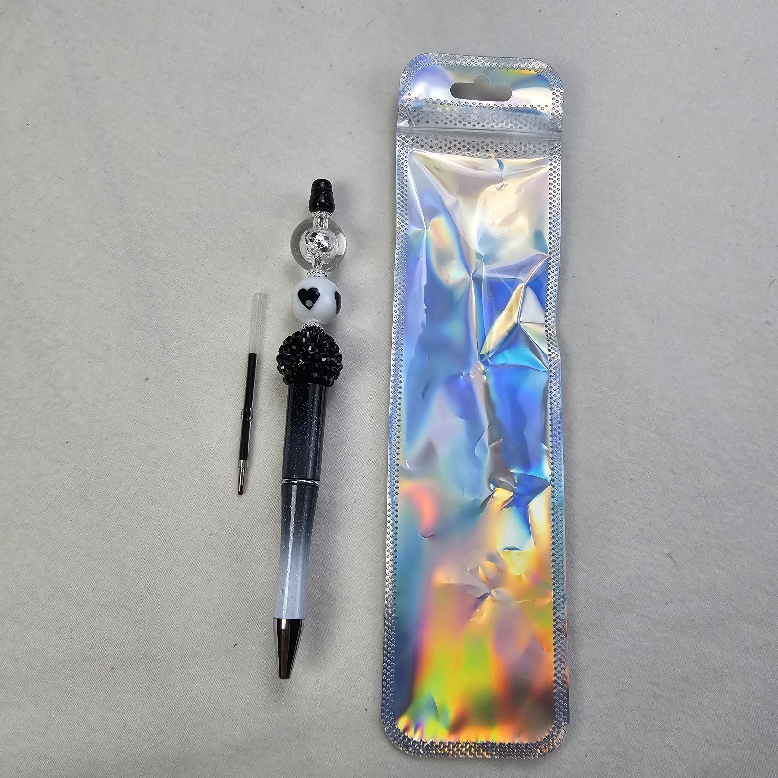 Handcrafted Silicone Acrylic Beaded Pen Black Ink Black Heart & Sparkle Bead