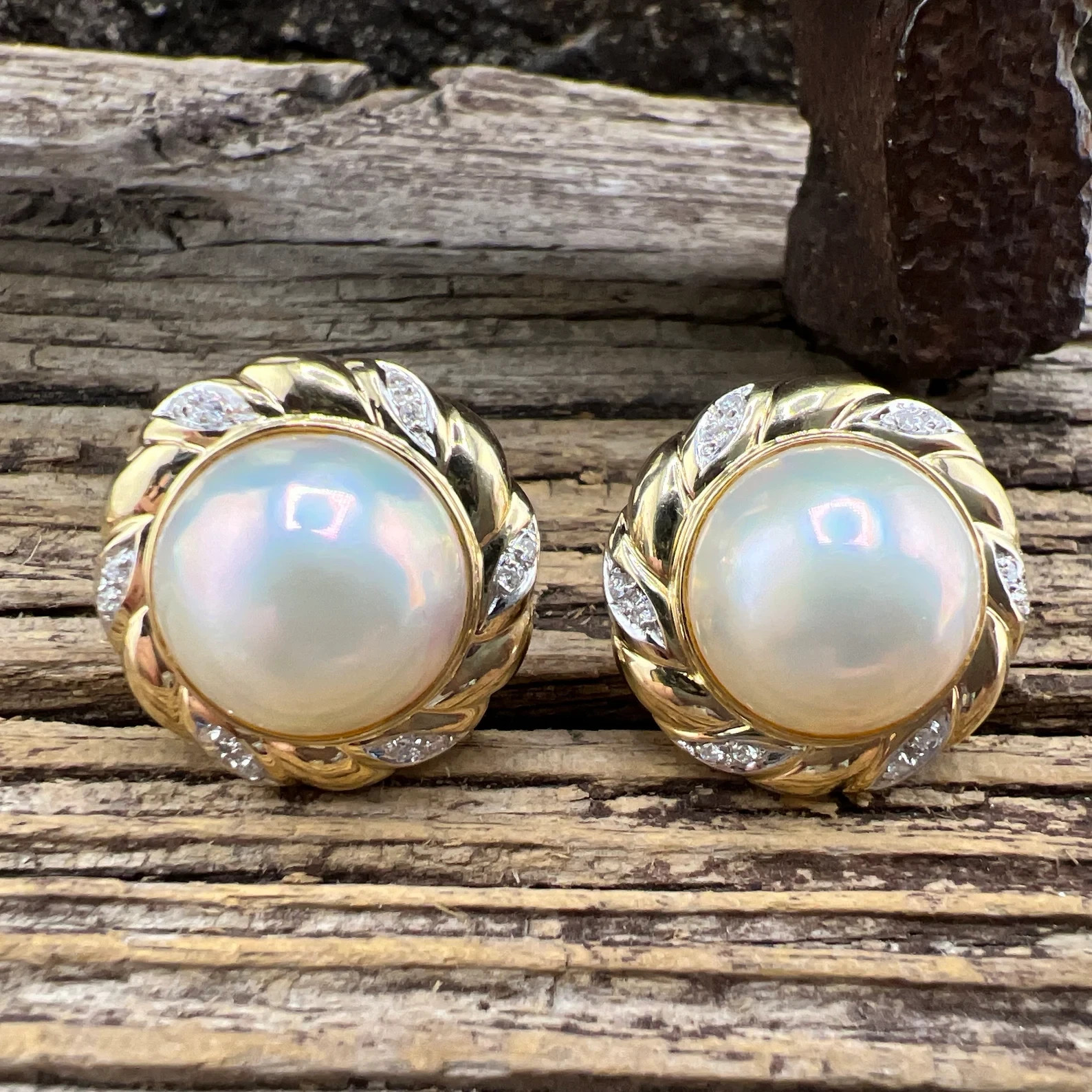 Gorgeous Pearl 14K Two-Tone Gold Over Earrings with Diamond Accents Omega Back