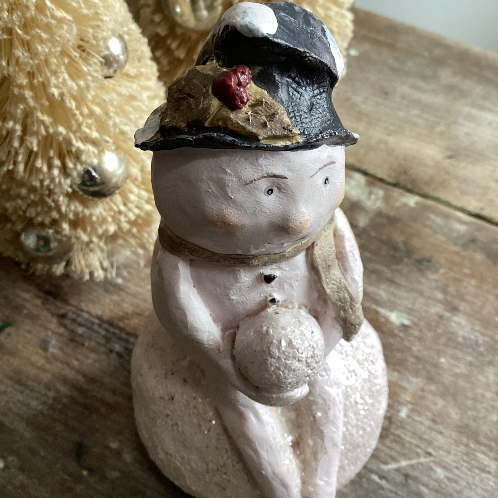 Folk Art Snowman Figure On Snowball Glittered Kevin Smith 6” Christmas Figurine