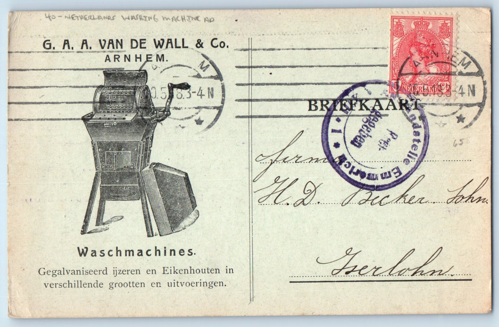 Netherlands Postcard Washing Machines Galvanized Iron and Oak 1918 Advertising