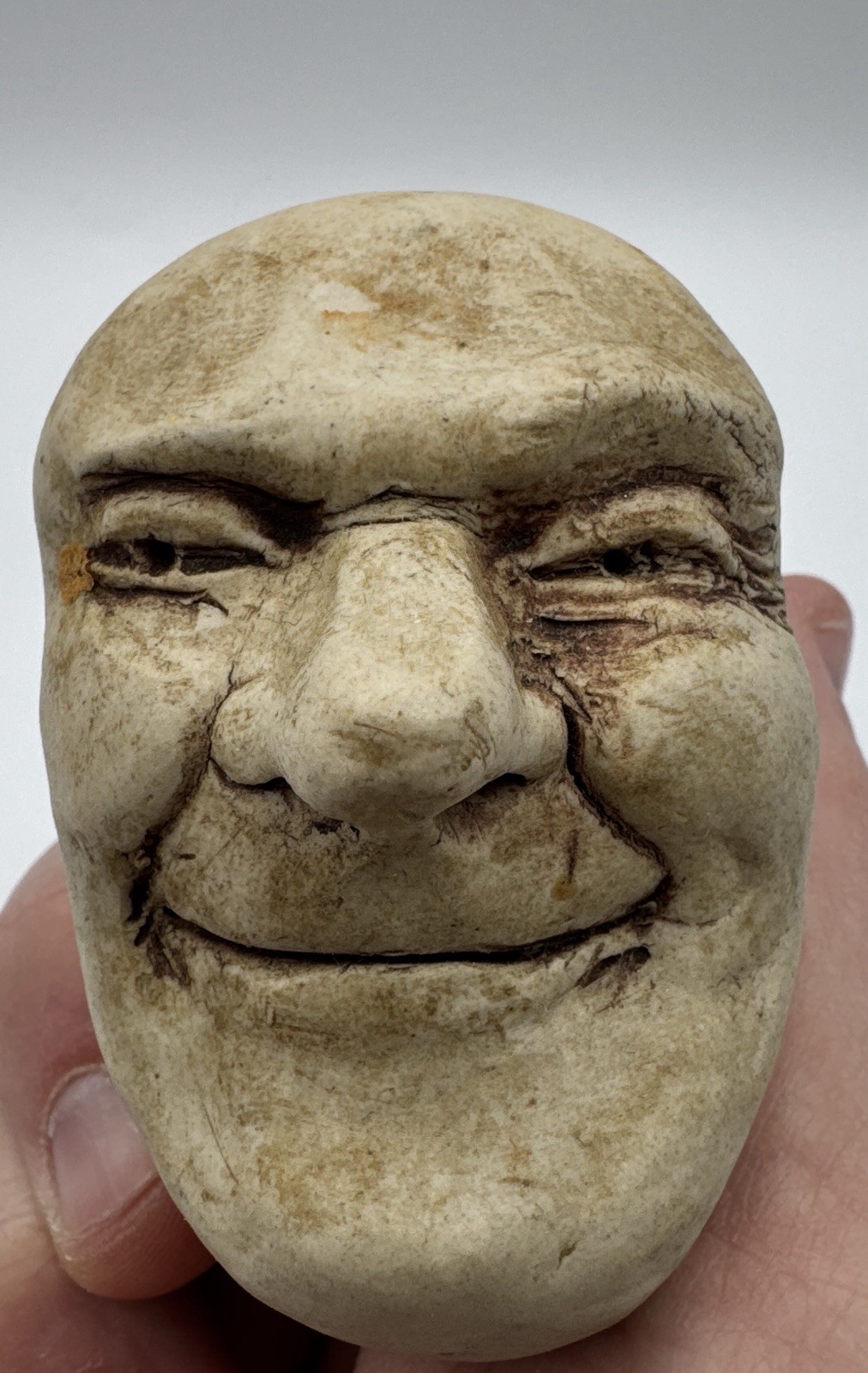 Antique Hand Carved Smiling Old Man Face Folk Art 2 Inch Eclectic Decor Funky