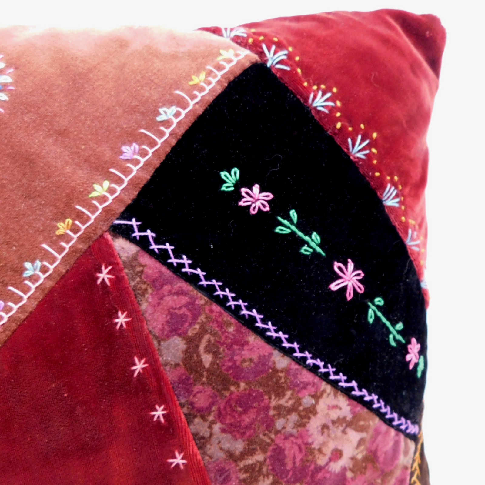Velvet Patchwork Crazy Quilt Throw Pillow Handmade 12″ x 12″ x 3.75″