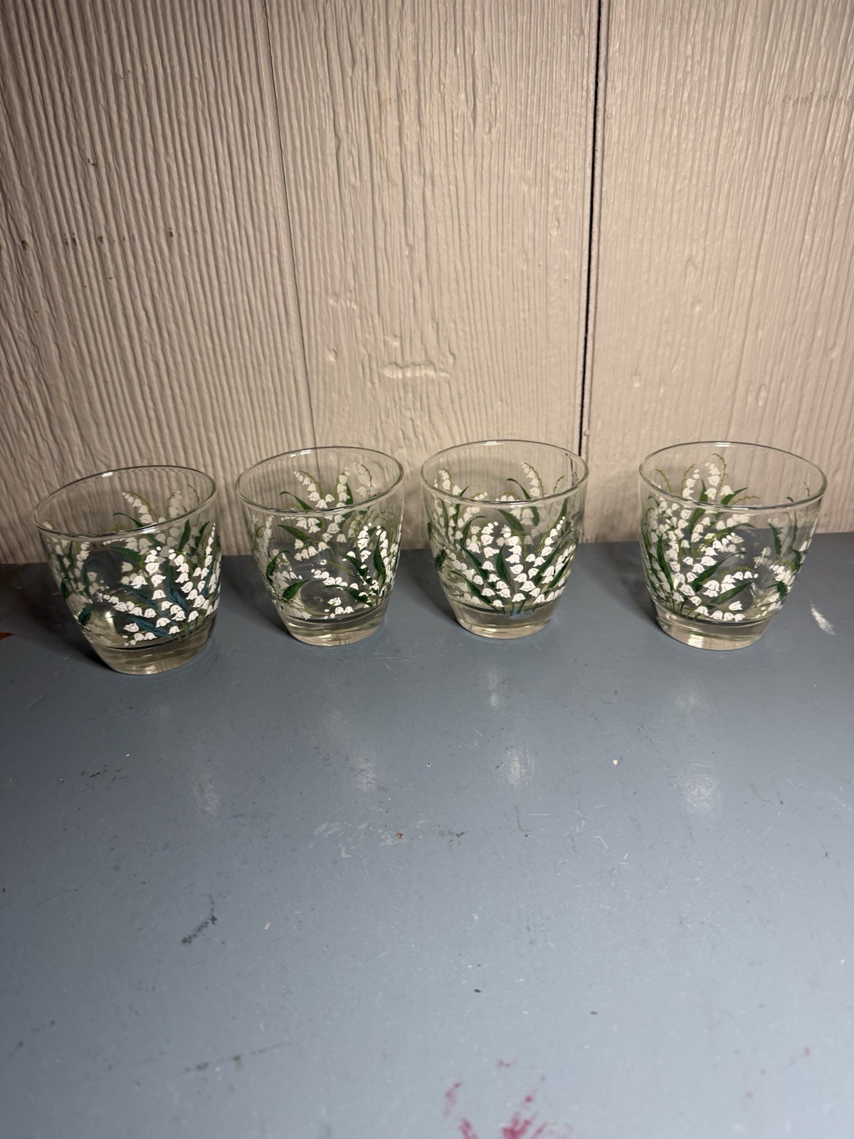 Set of 4 VIntage Libbey Juice Clear Glasses White & Green Lily of the Valley