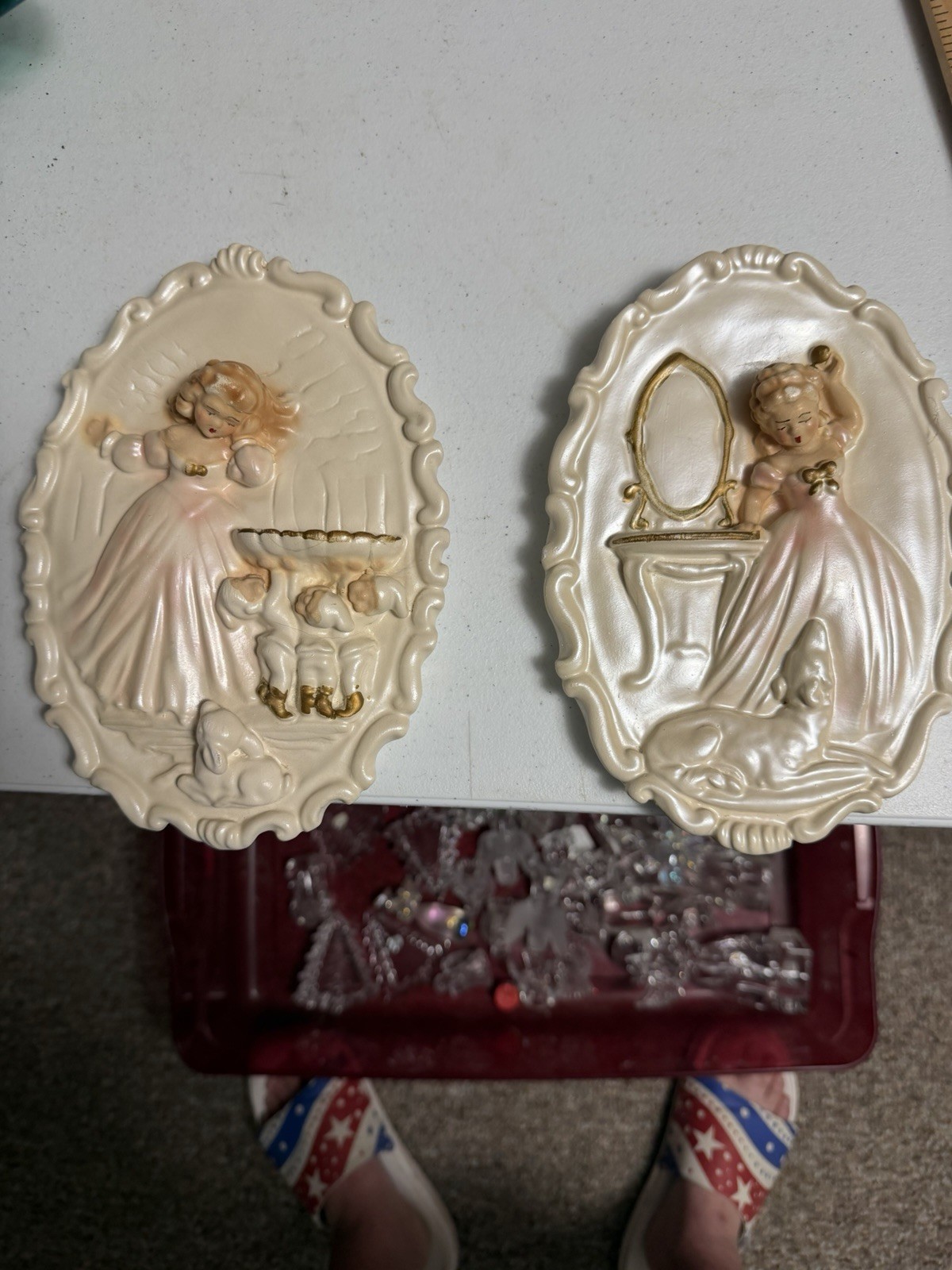Vintage Chalkware Wall Plaques Girls Bedroom Nursery Decor Set of 2 Pearlized