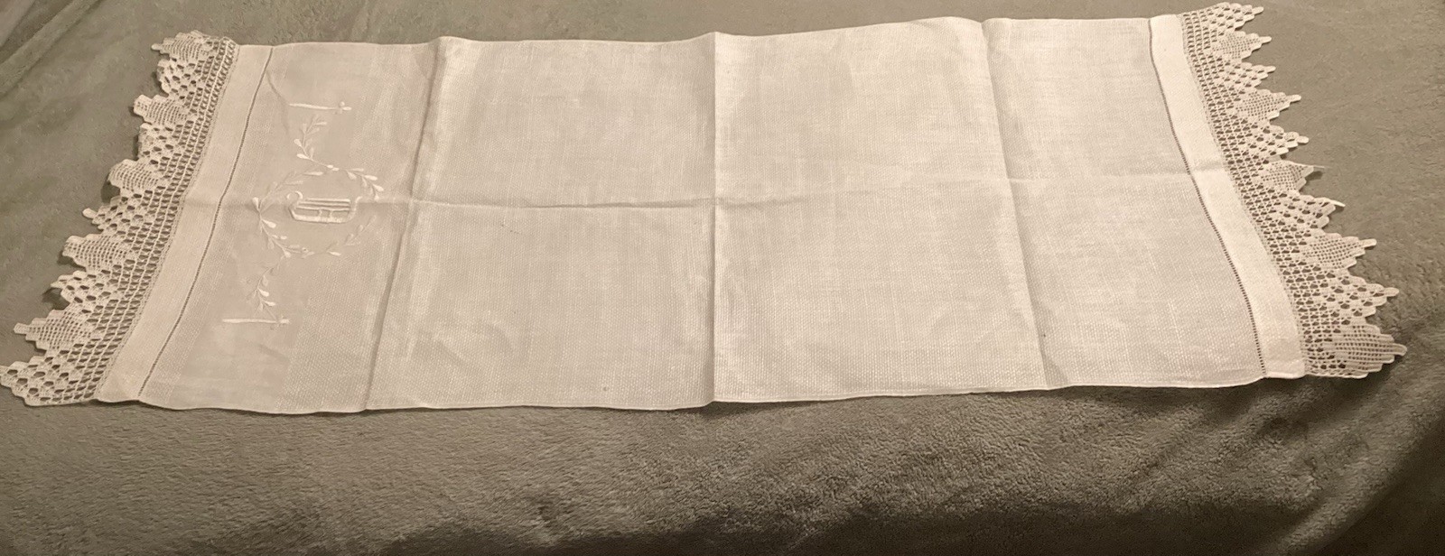 Vintage Linen Monogrammed “D” Table Runner w/Crocheted Edging 42”x18”