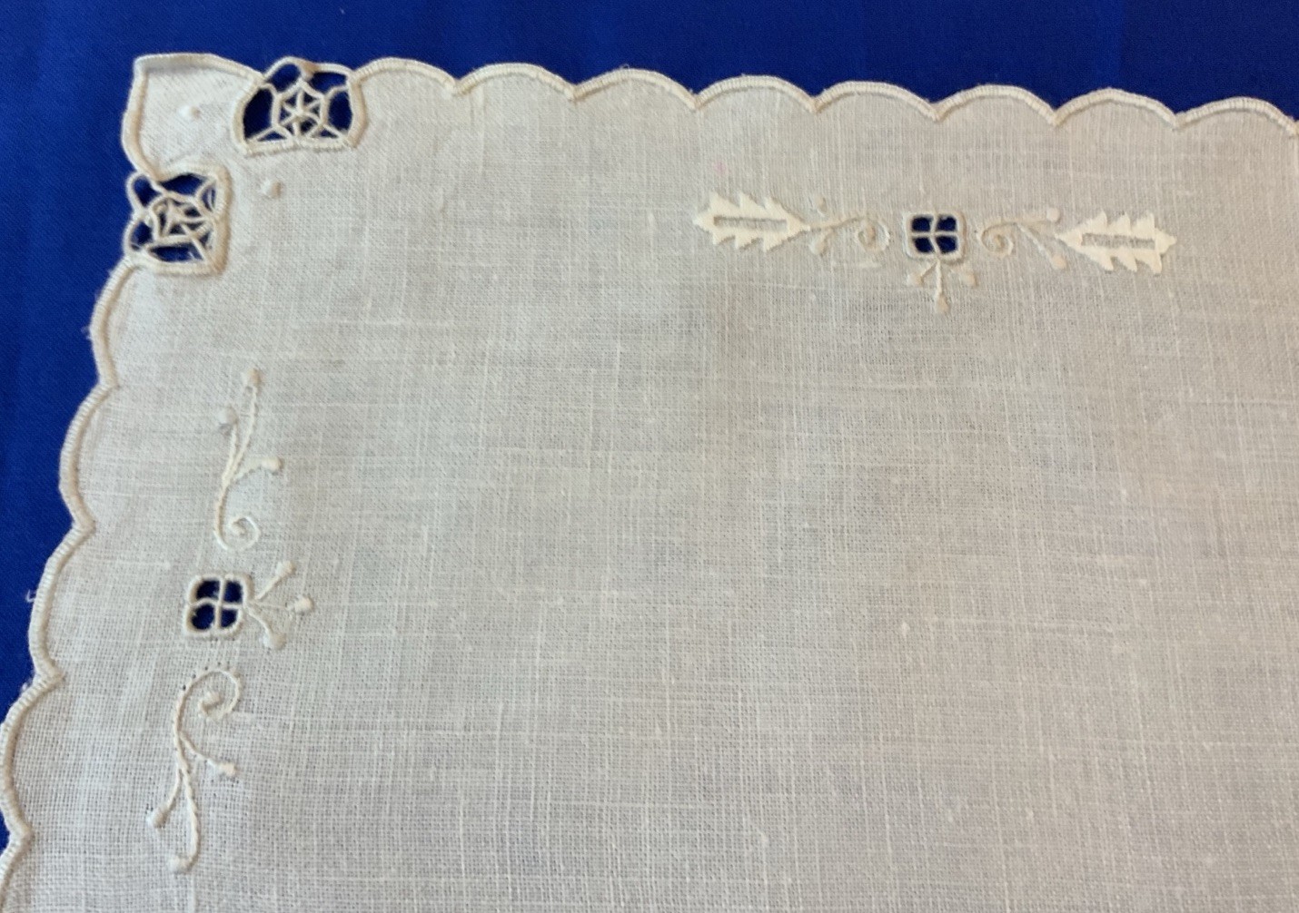 Vintage Antique Rectangle Doily, Flower Embroidery, Linen, Off White