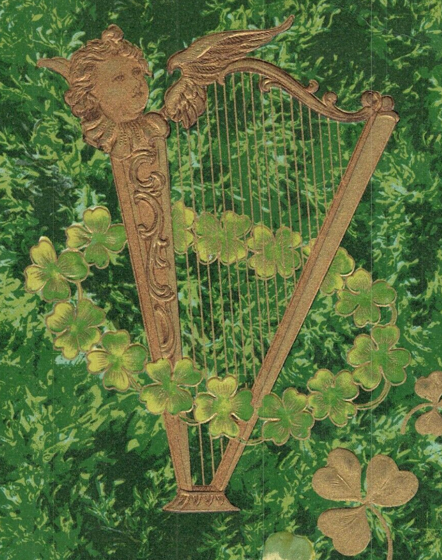 C1910 Irish Gold Harp Angel Wings Raphael Tuck Emboss Gilt Fab Vintage Postcard