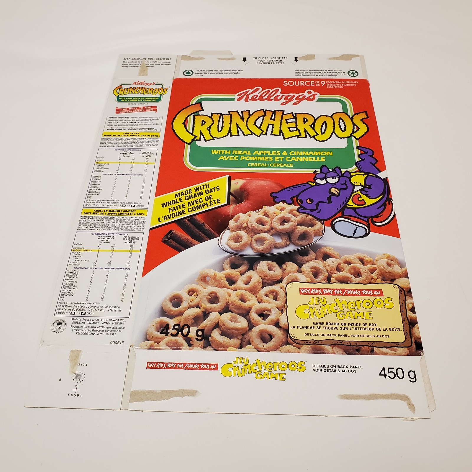 Kellogg’s Cereal Box 1991 CRUNCHEROOS Game Dinosaur VTG Canada French