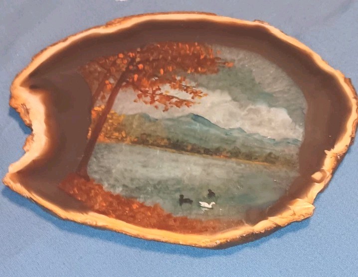 Hand-Painted Agate Slice MOUNTAIN ,LAKE SWAN–signed Laura Meeshan