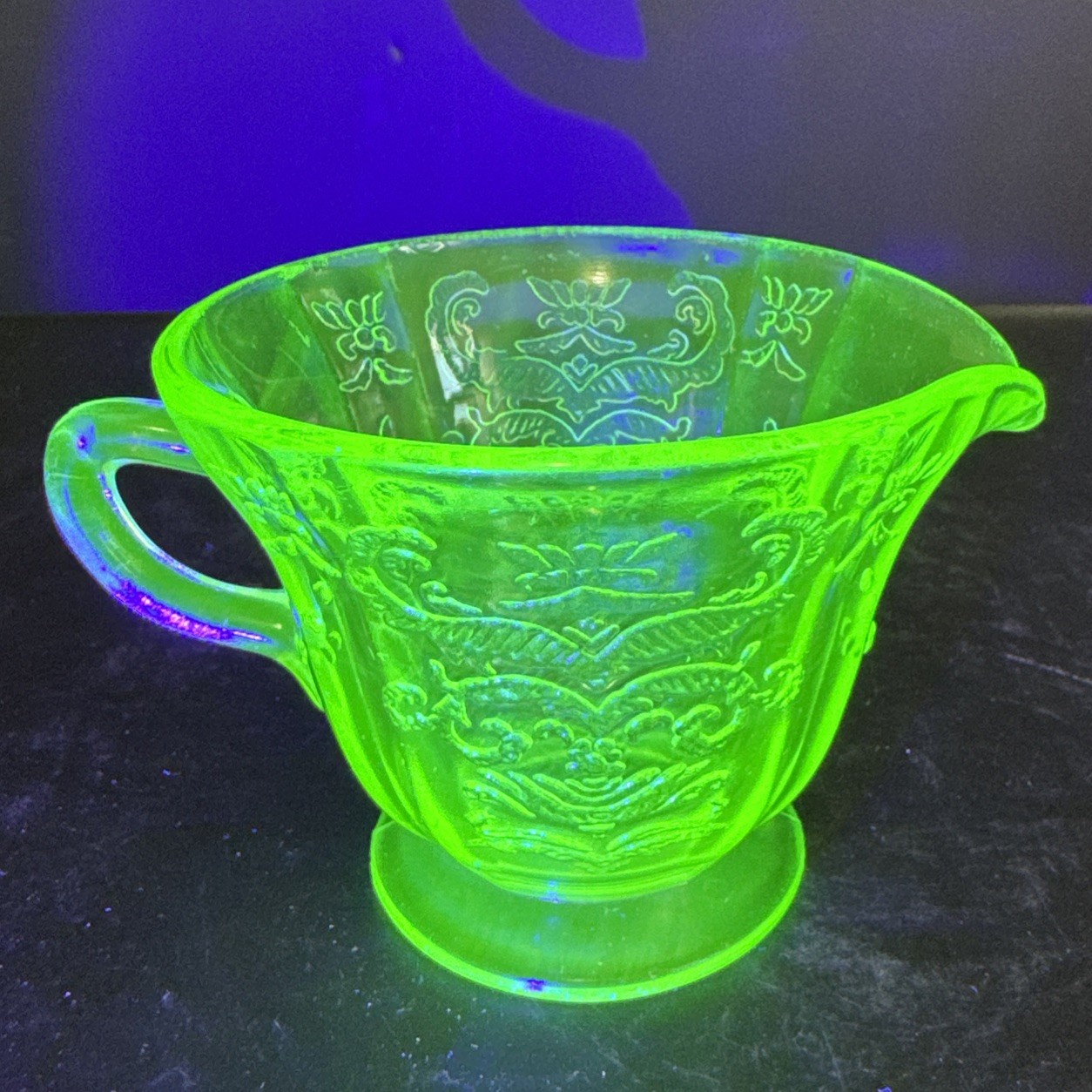 Vintage Green Depression Uranium Glass Creamer Cameo Ballerina Dancing Girl