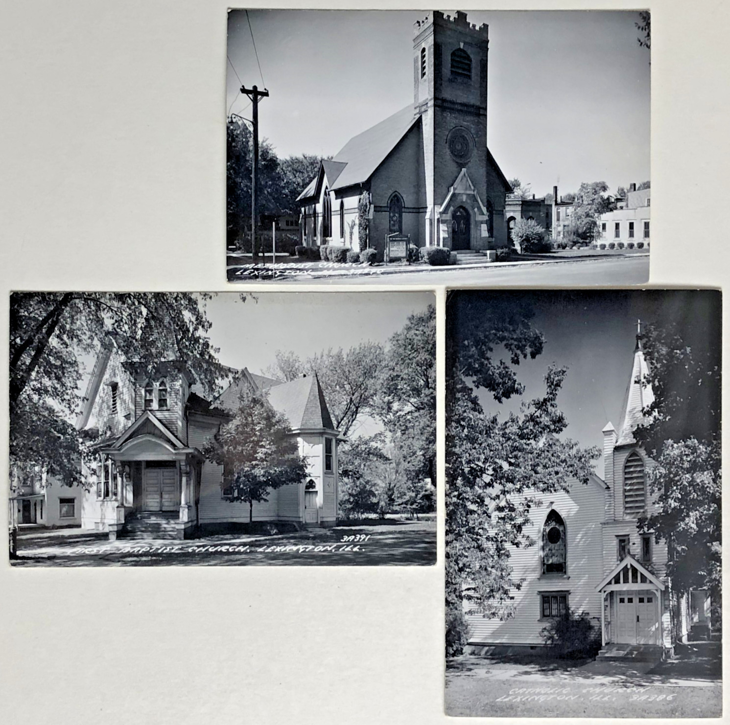 3 Lexington Illinois Churches Methodist First Baptist Catholic Real Photo RPPC