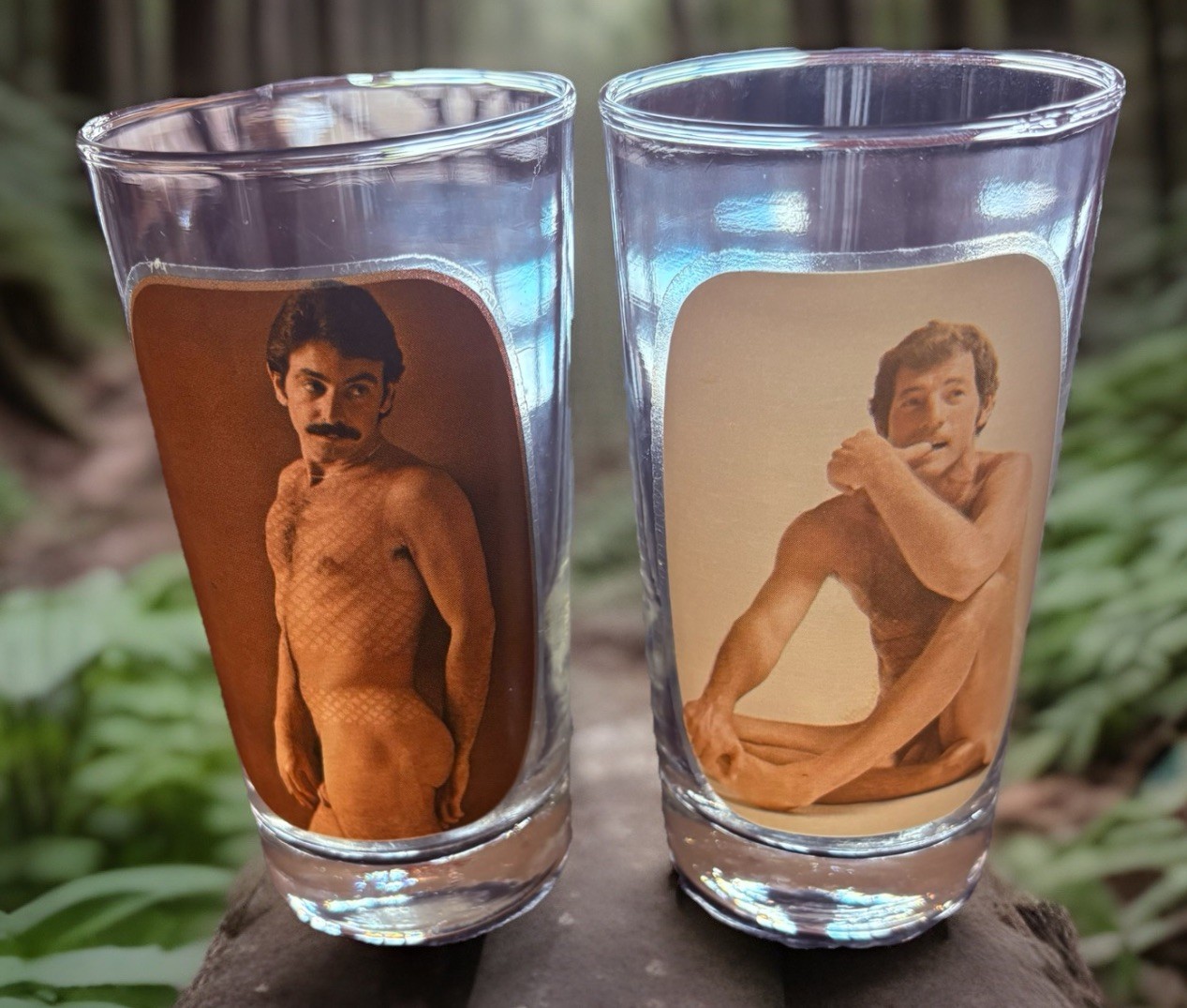 VINTAGE 1974 Set Of 2 CENTERFOLD Magic Hiball Glasses Men Strip Adult Gay