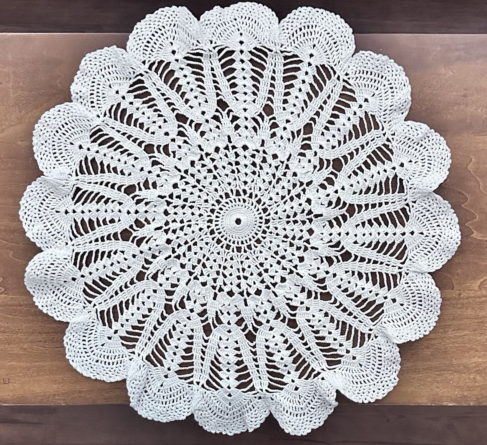 Vintage White Hand Crocheted Round Doily Scalloped Ruffled Edge 19.5”