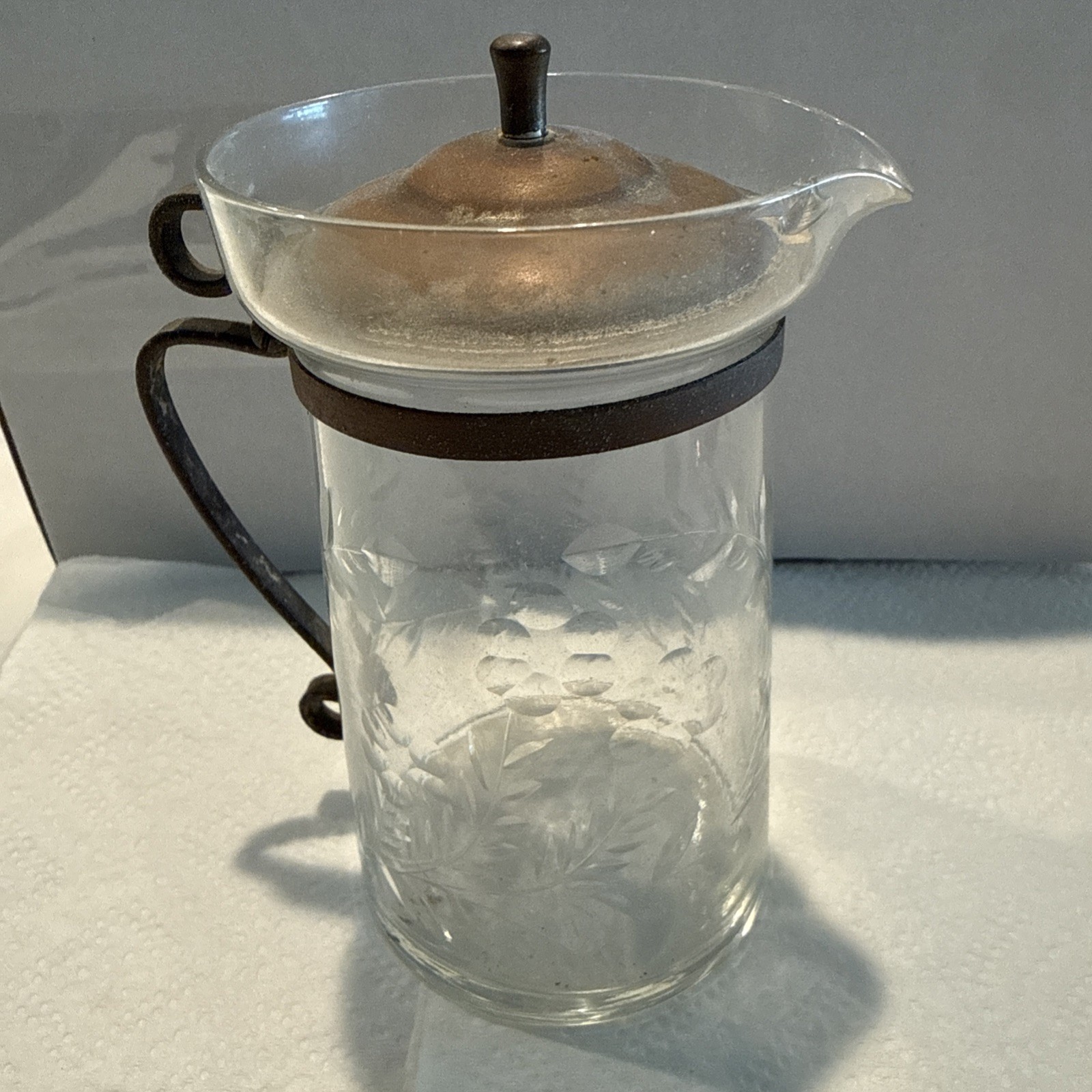 Vntg 1930s Etched Glass Flower Pattern With Metal Lid And Handle Pitcher