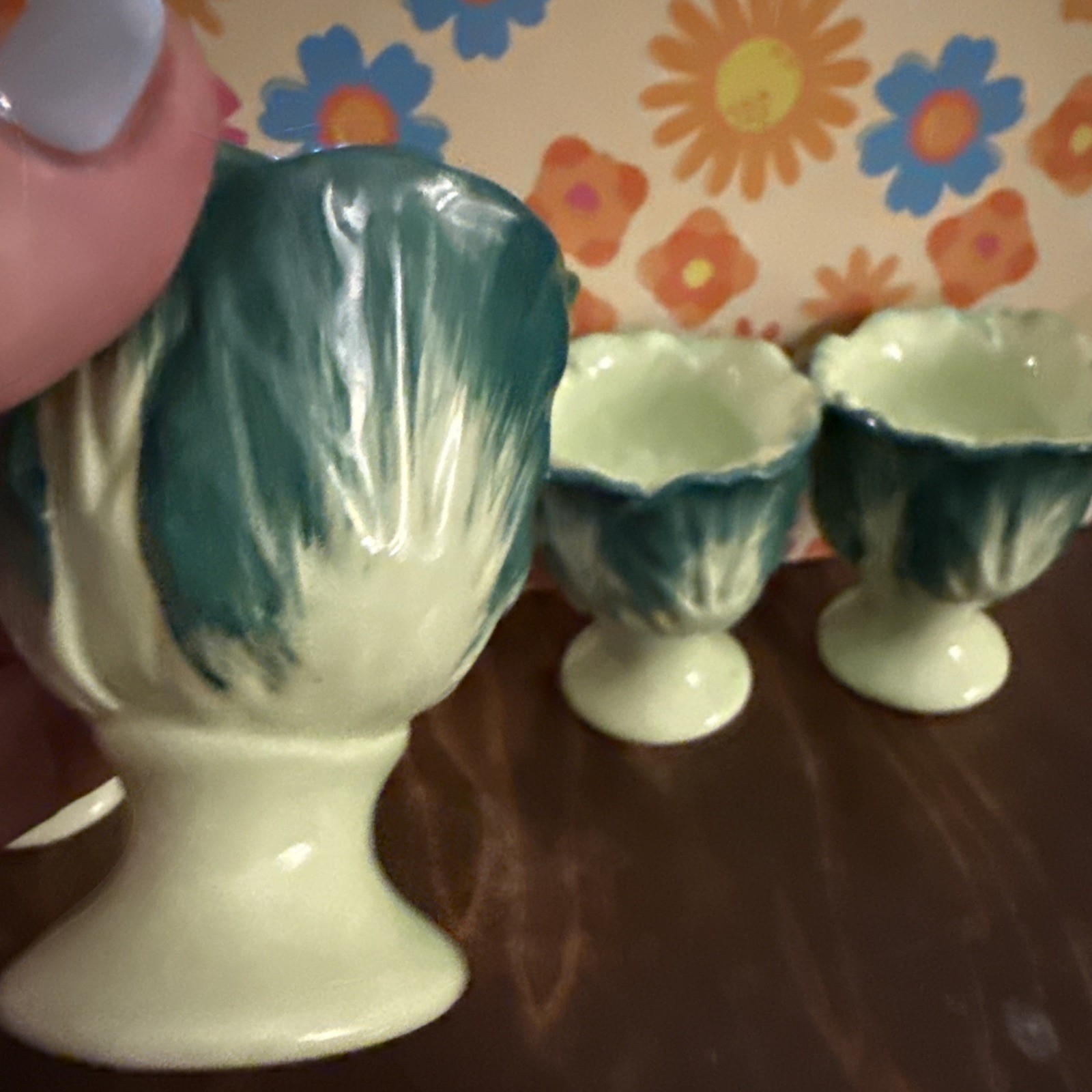 Vintage Ceramic Egg Cups 4 Anthropomorphic 1930’s 1950’s cabbage core