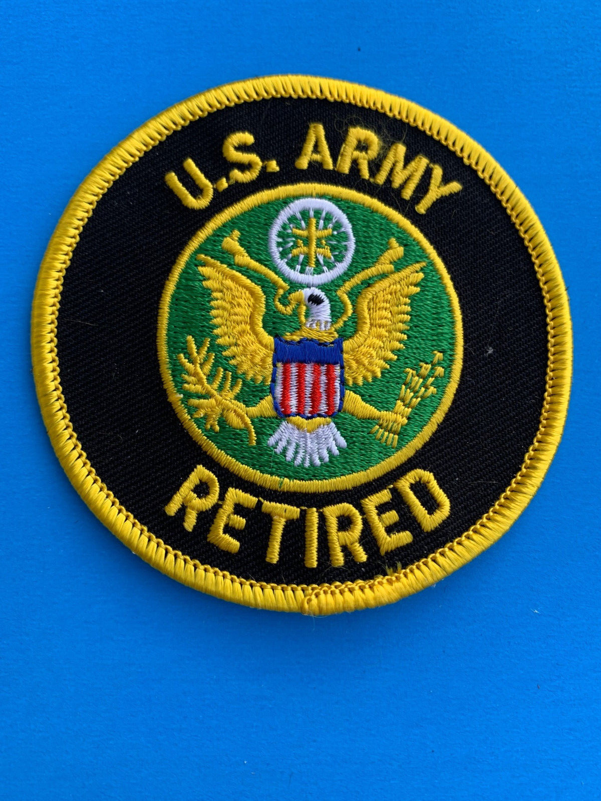 US ARMY RETIRED EMBROIDERED PATCH IRON-ON SEW-ON 3″ ROUND APPLIQUE- HI QLTY