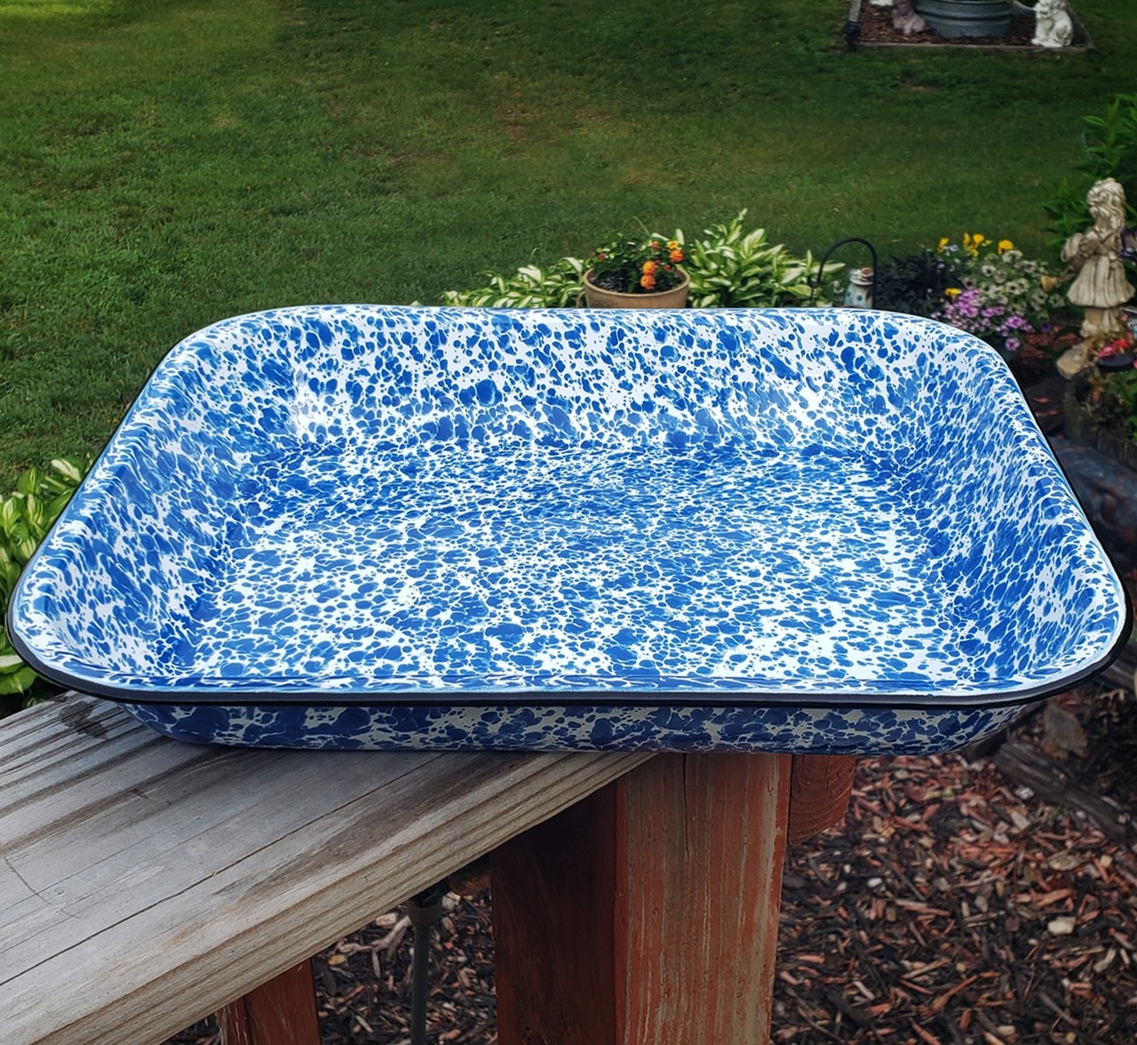 Blue White Splatter Speckle Enamel Enamelware Casserole Baking Pan Dish Swirl