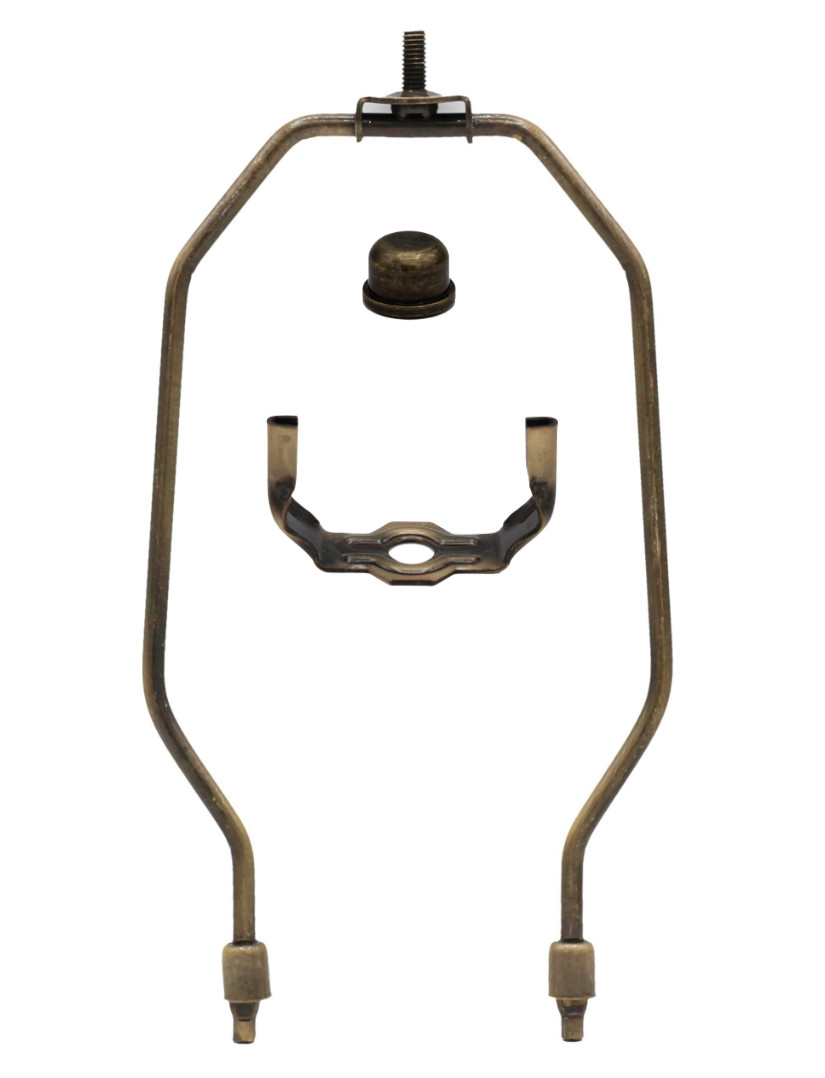 8″ Regular Weight Lamp Harp, Finial and Harp Base Set, Antique Brass