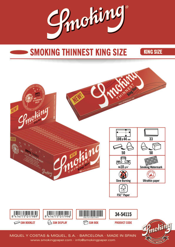 Smoking Thinnest Red Rolling Papers King Size (110mm) – (5 Booklets)