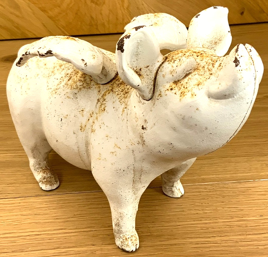 When Pigs Fly Cast Iron Piggy Bank Flying Pig Door Stop Cream MCM Vintage