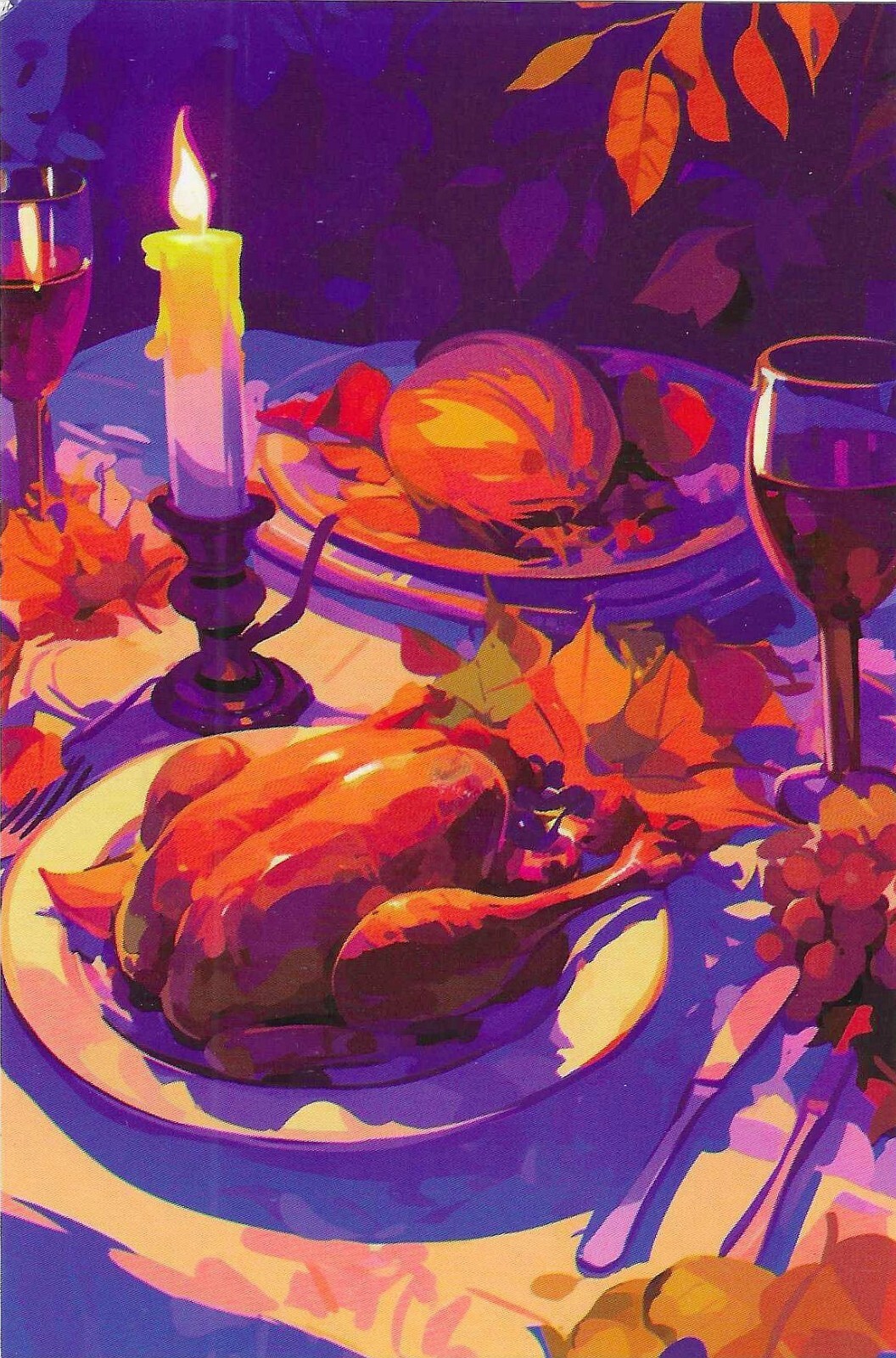 Thanksgiving Chrome Postcard Turkey Dinner Fall Autumn Setting