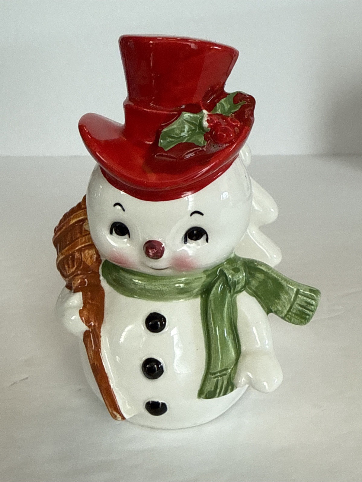 Vintage Lefton Snowman Napkin Holder Evergreen Tree Red Hat Holly Broom Scarf