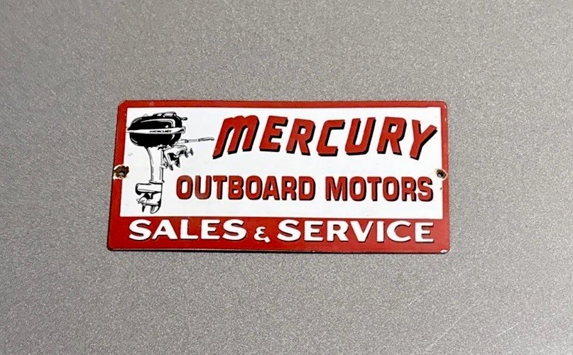 VINTAGE 12” MERCURY OUTBOARD MOTORS PORCELAIN SIGN CAR GAS TRUCK MOTORCYCLE