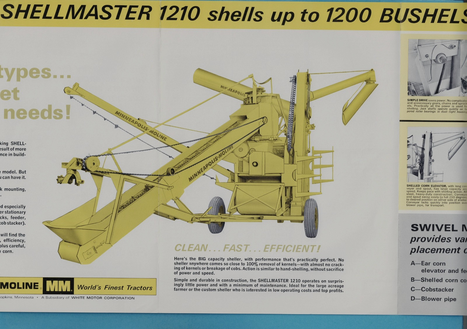 MINNEAPOLIS-MOLINE SHELLMASTER 1210 CORN SHELLER 6 PAGE FOLDOUT BROCHURE 2-66