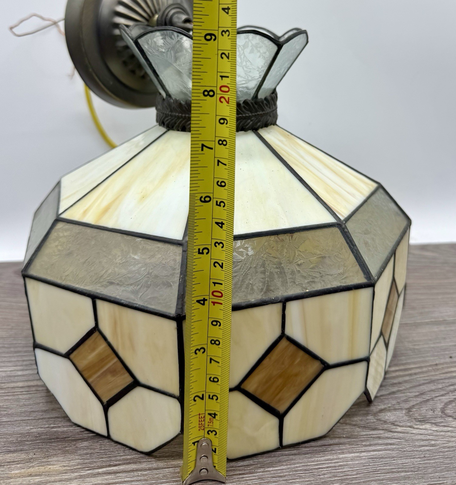 Hanging Stained Glass Beige & Clear Ceiling Light Fixture 11″ Chain & Cord VTG