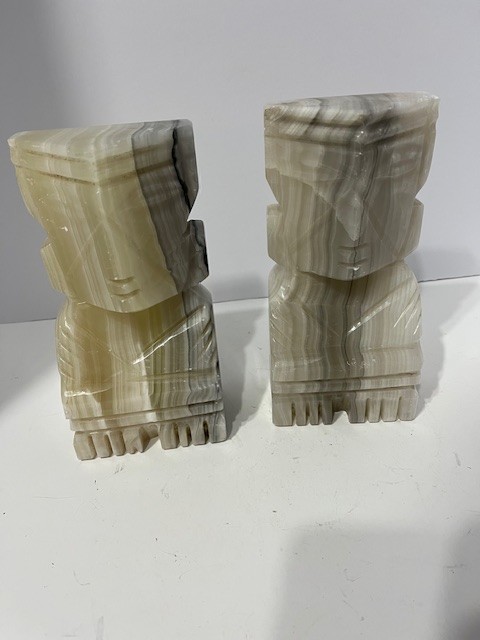 Vintage Carved Onyx Aztec / Mayan Bookends, 8.5 inches, Set of 2