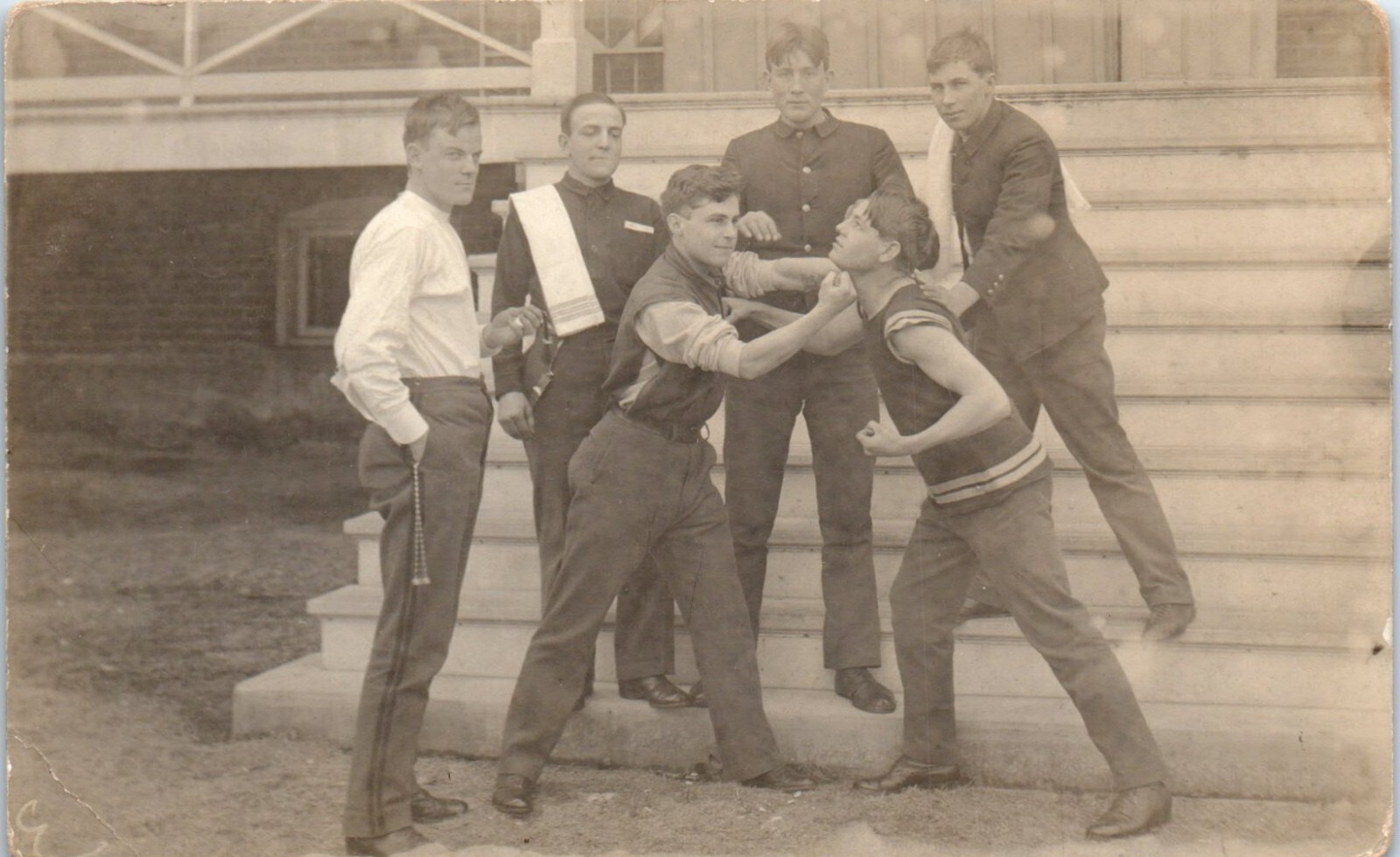 1910s Anonymous People Young Men Boys Cadets Fighting Real Photo Postcard
