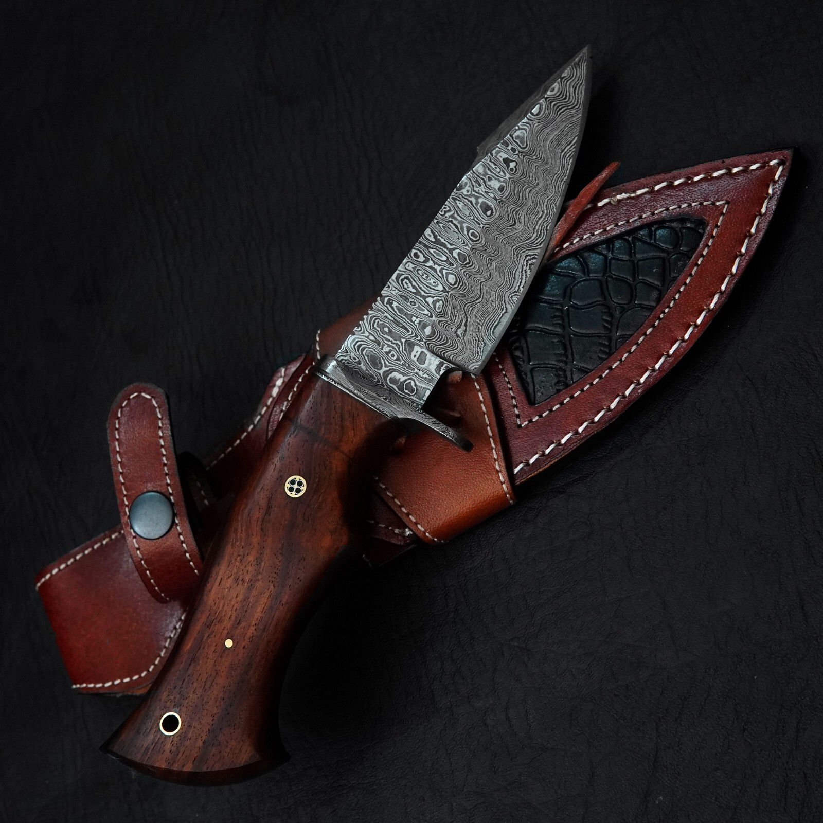 10.5″ Handmade Custom Damascus Wood Handle Knife with Sheath & Lanyard Hole z16