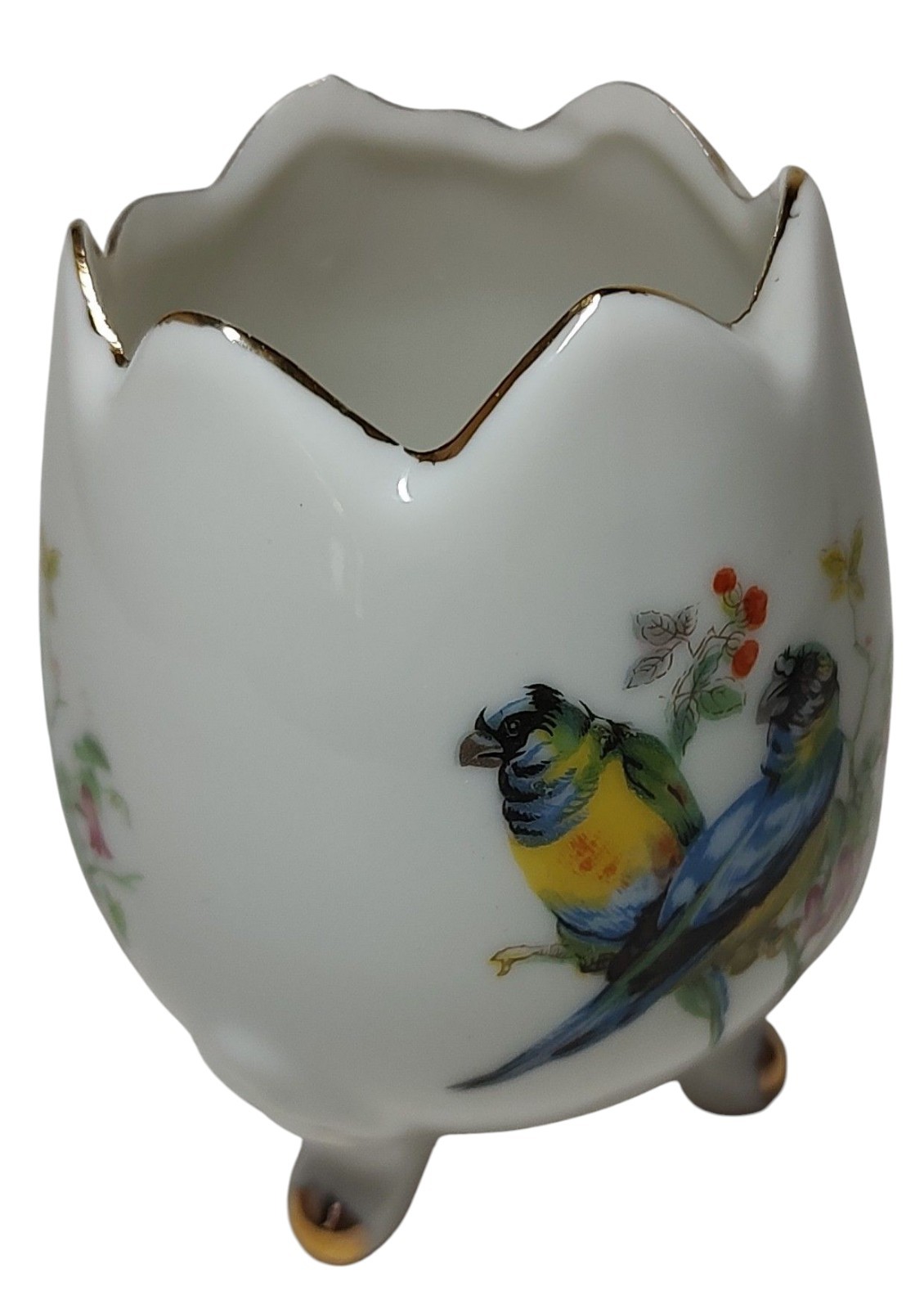 Small Cracked Porcelain Egg With Birds Three Legged Gold Trim Japan Vintage SEE