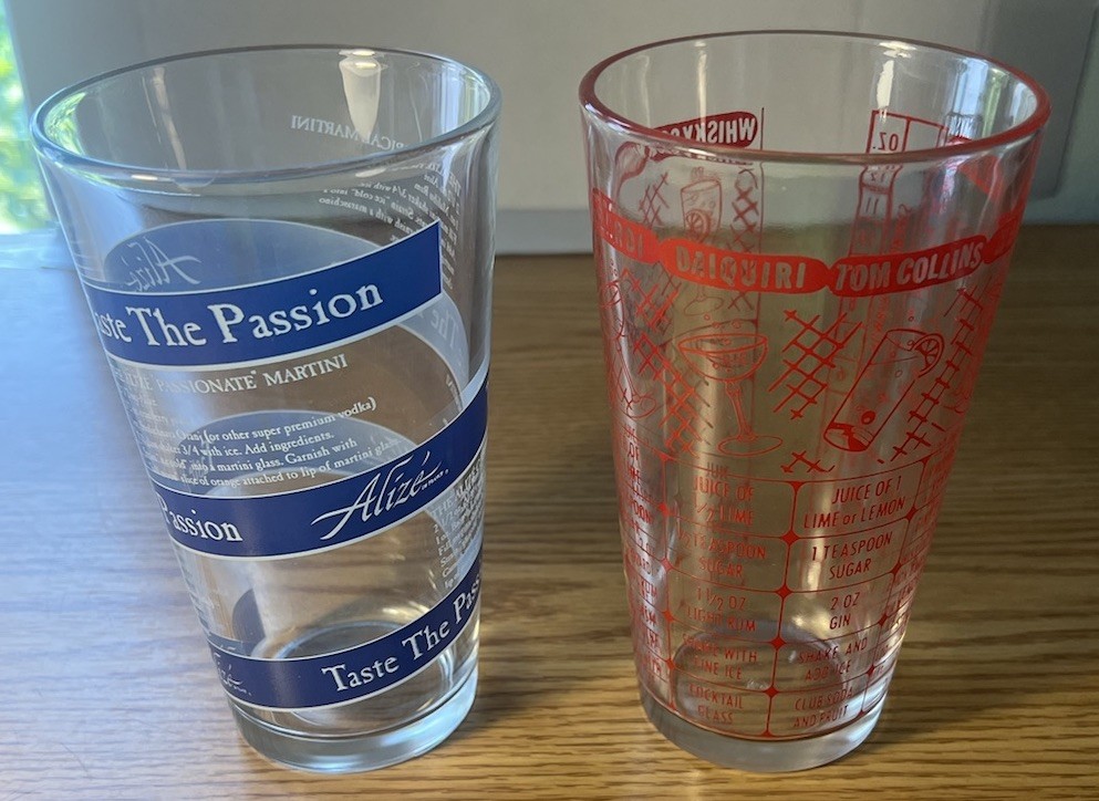Vintage Red Federal & Blue Alizé Shaker 16oz Pint Glasses w/Recipes, Lot of 2