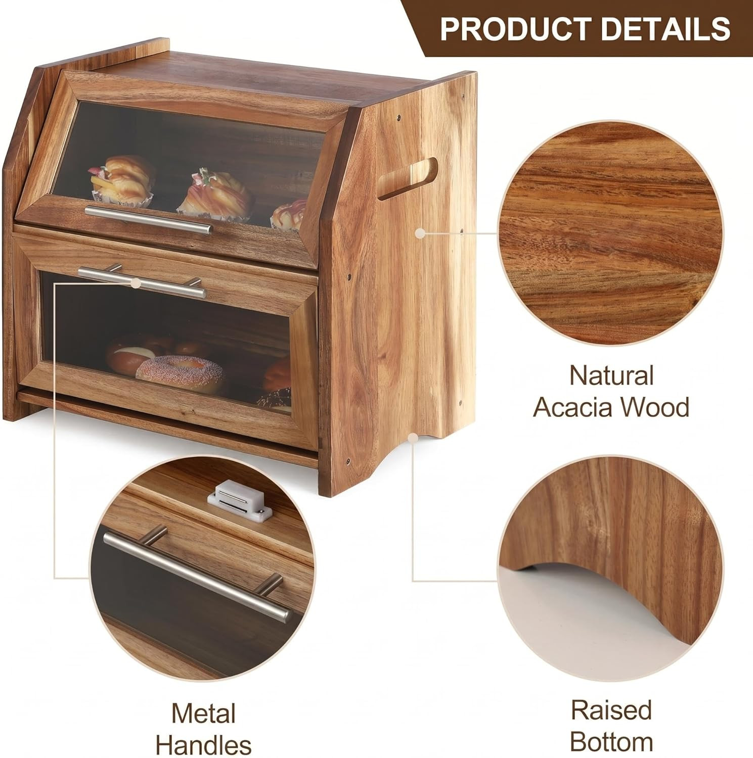 Garvee Bread Box for Kitchen Countertop, Double Layer Wooden Bread Box, Acacia B