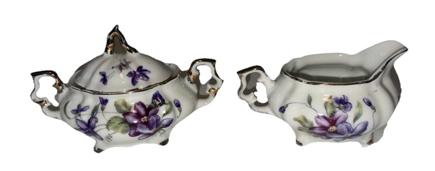 Vintage Small Porcelain Footed Sugar Bowl & Creamer Hand Painted Violets