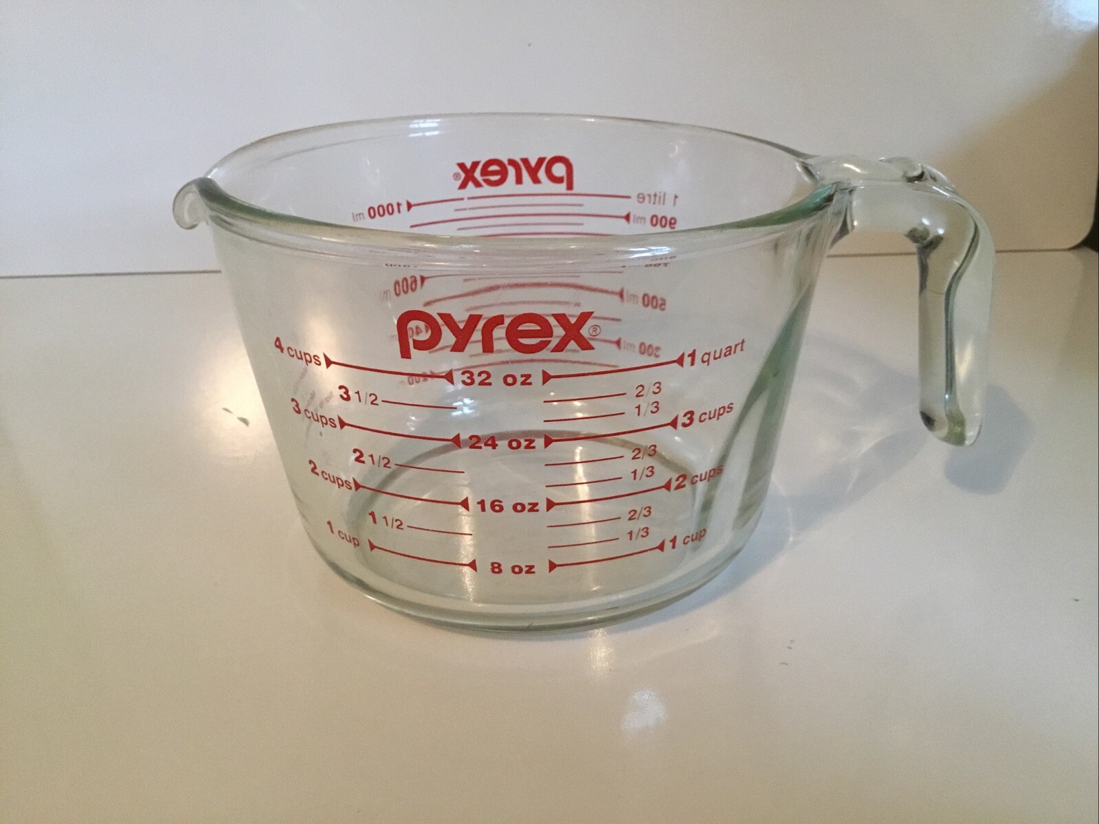 Vintage Pyrex 4-Cup Red Lettered Open Handled Glass Measuring Cup.